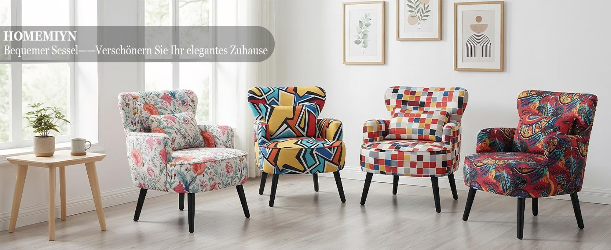 Ohrensessel Bunt, Vintage Sessel Wohnzimmer mit Holzbeinen