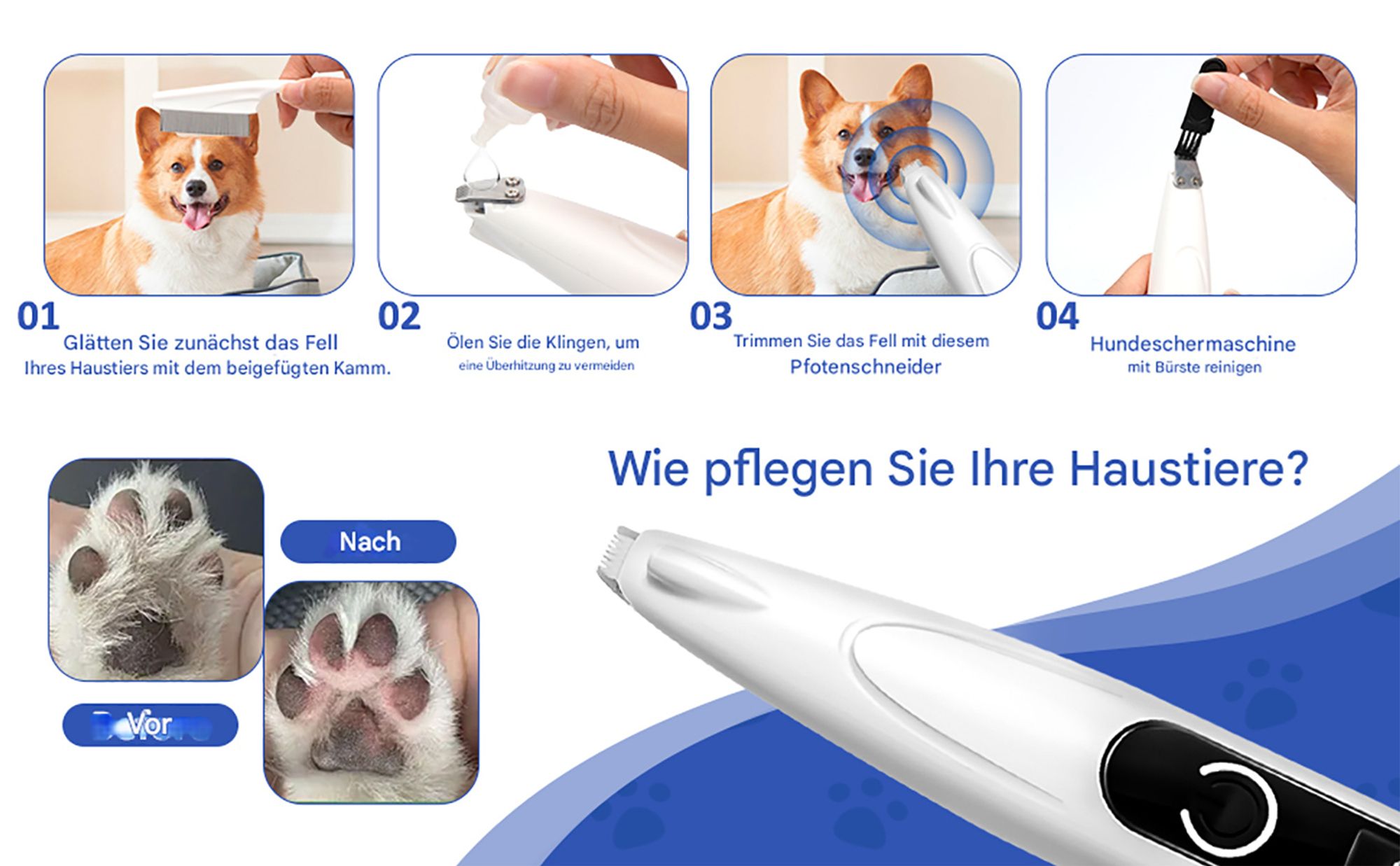 Hundeschermaschine, Pfotenschneider für Hunde, Tierhaarschneider mit LED, Kabelloser Clipper Hundepfoten Leise, Elektrischer Tierhaarschneider
