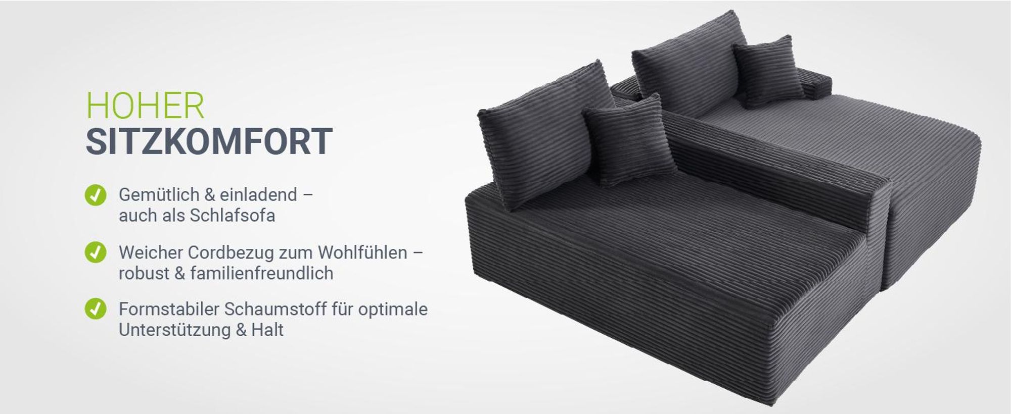 Juskys Sofa Coredo - Dunkelgrau, moderne Couch aus Cord mit Kissen, Ottomane rechts