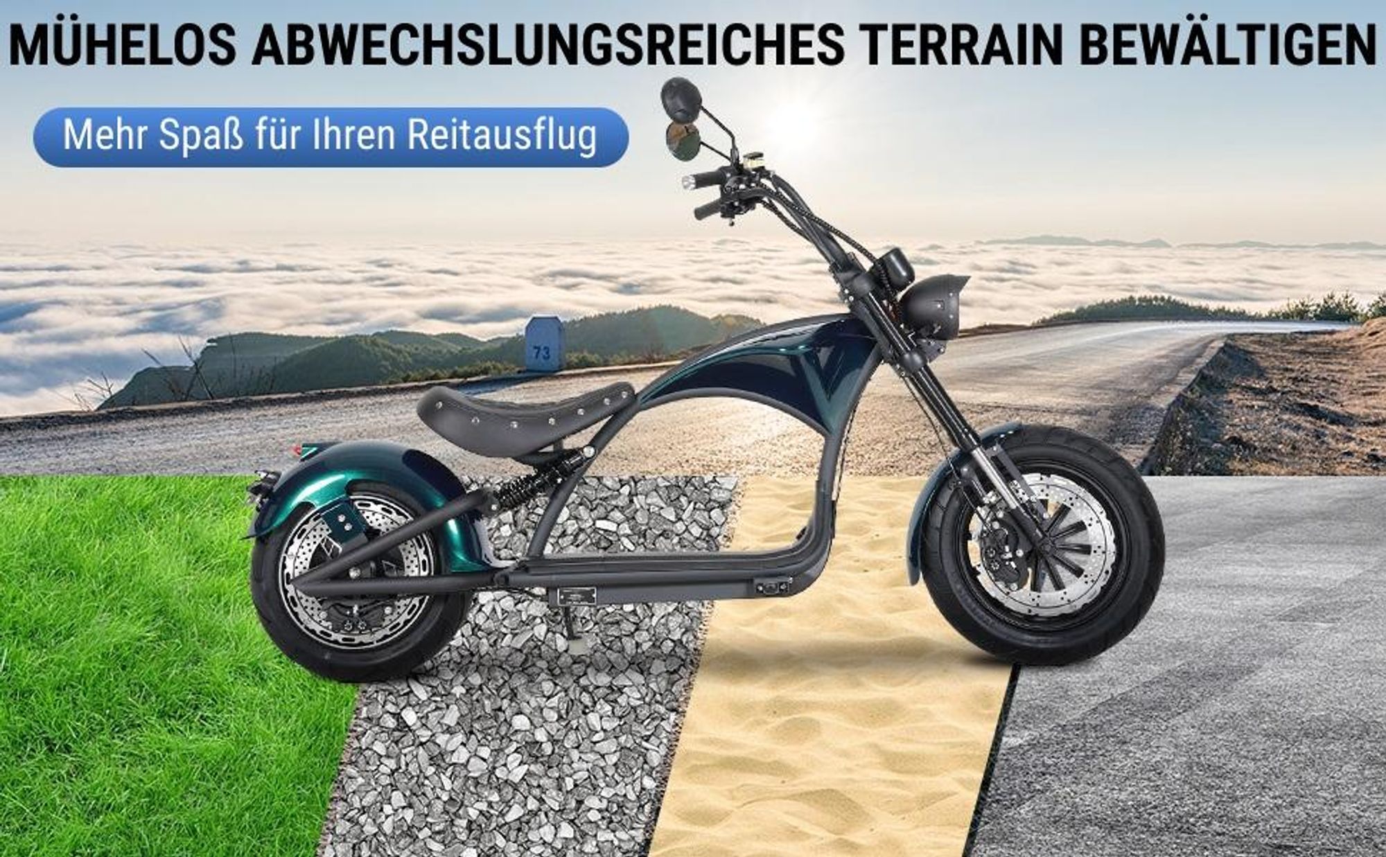 M1P E-Chopper Elektro-Kleinkraftrad 45 km/h, 2000W, 60V 30Ah Lithium-Akku, 80 km Reichweite, Hydraulikbremsen, Federung, abnehmbarer Akku, 200 kg