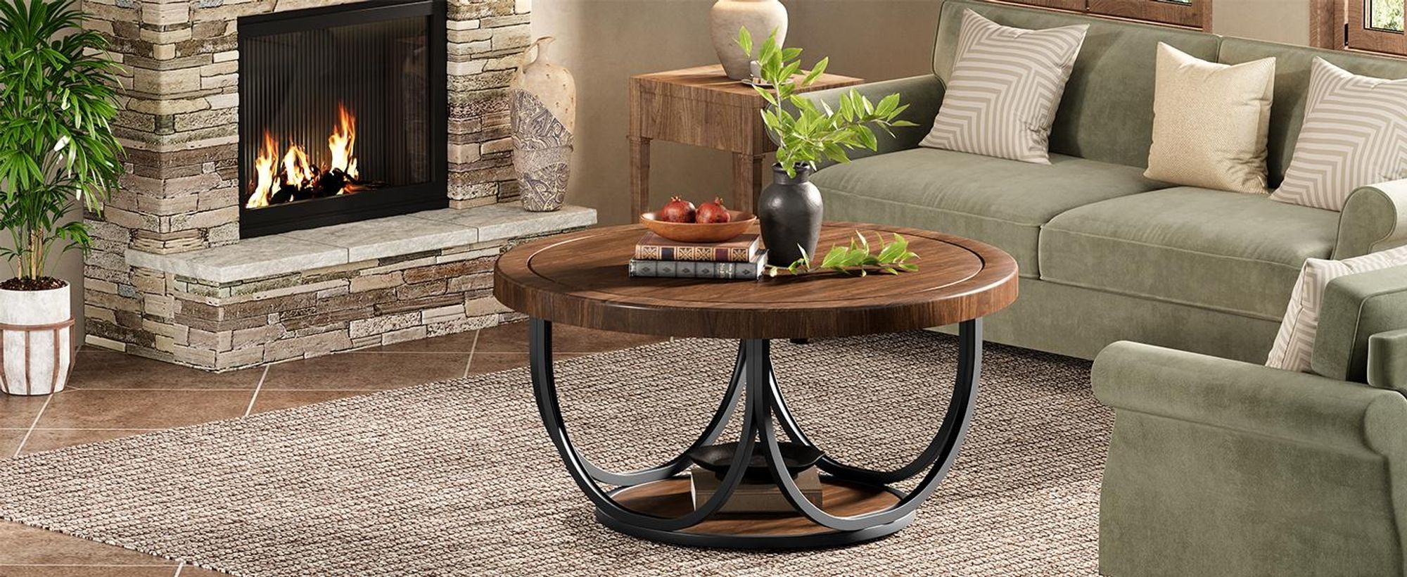 Couchtisch, 80 cm runder Sofatisch mit 2 Ebenen, Wohnzimmertisch, Beistelltisch, Industrieller Mitteltisch für das Wohnzimmer, Rundes Akzentmöbel