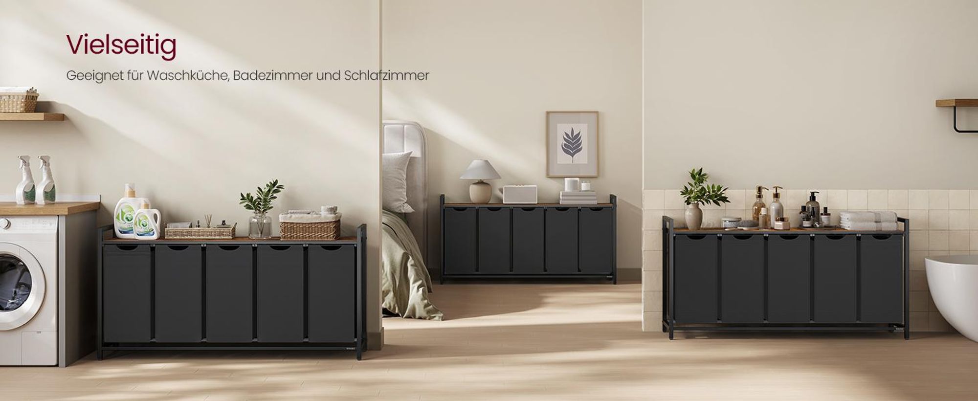 VASAGLE Wäschekorb 5 Fächer, Wäschesammler mit Ablage, Wäschebox, 200L