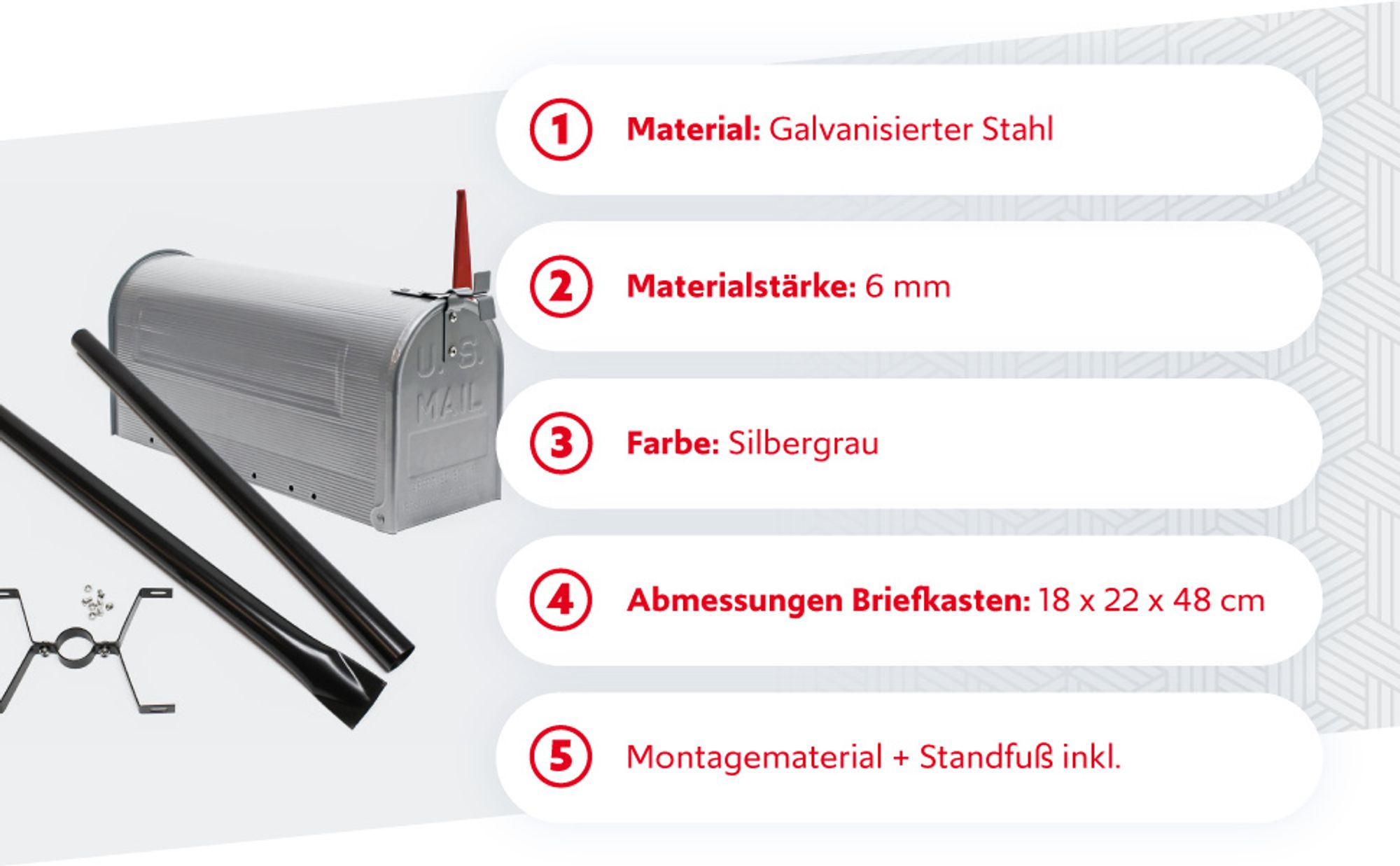 Wiltec Set US Mailbox silbergrau 180 x 220 x 480 mm, amerikanischer Briefkasten mit Fahne, Standbriefkasten Stahl amerikanisches Design mit passendem Standfuß