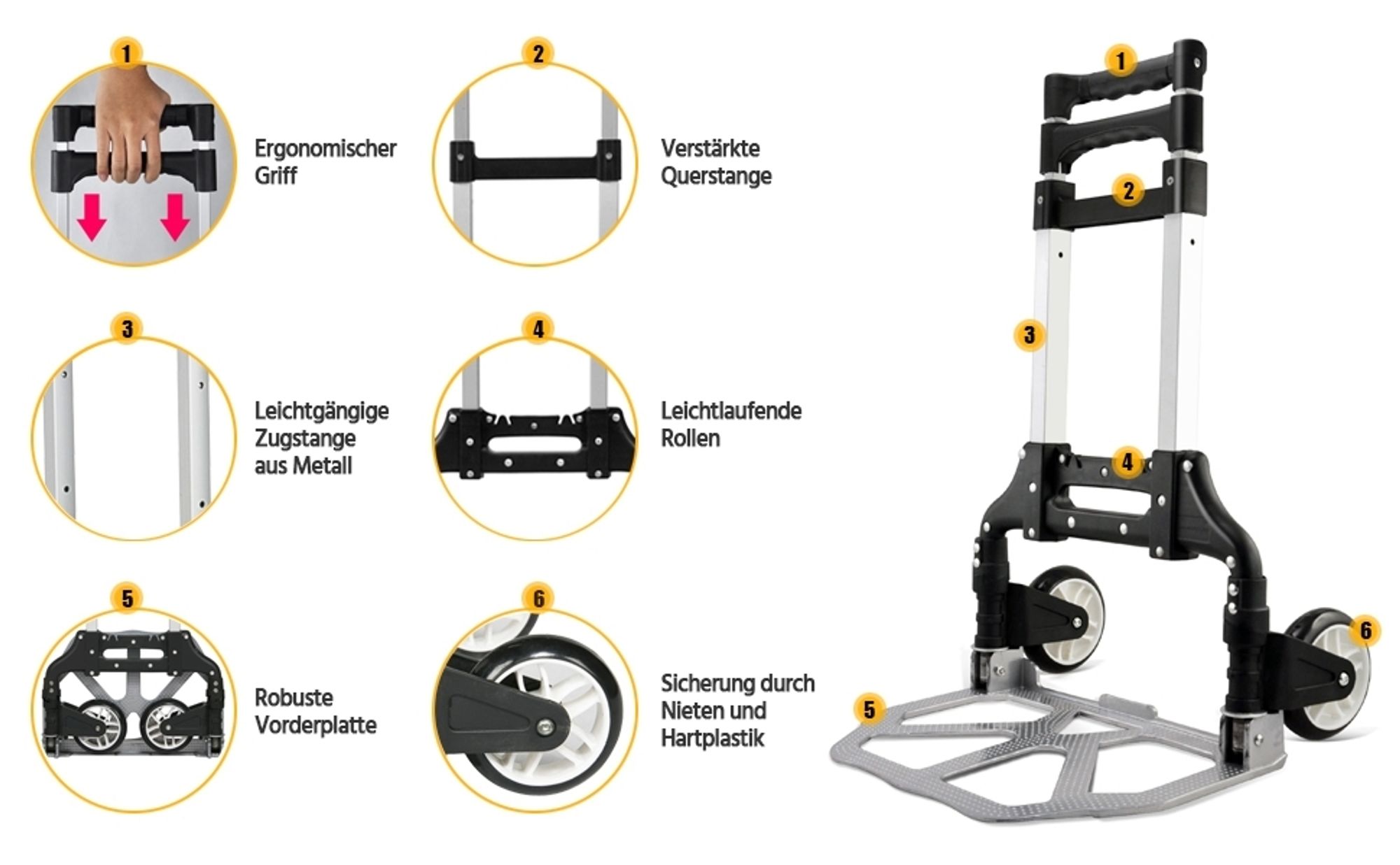 Yaheetech klappbare Sackkarre, bis 75 kg, Alu Transportkarre, höhenverstellbarer Griff, mit Expanderseilen