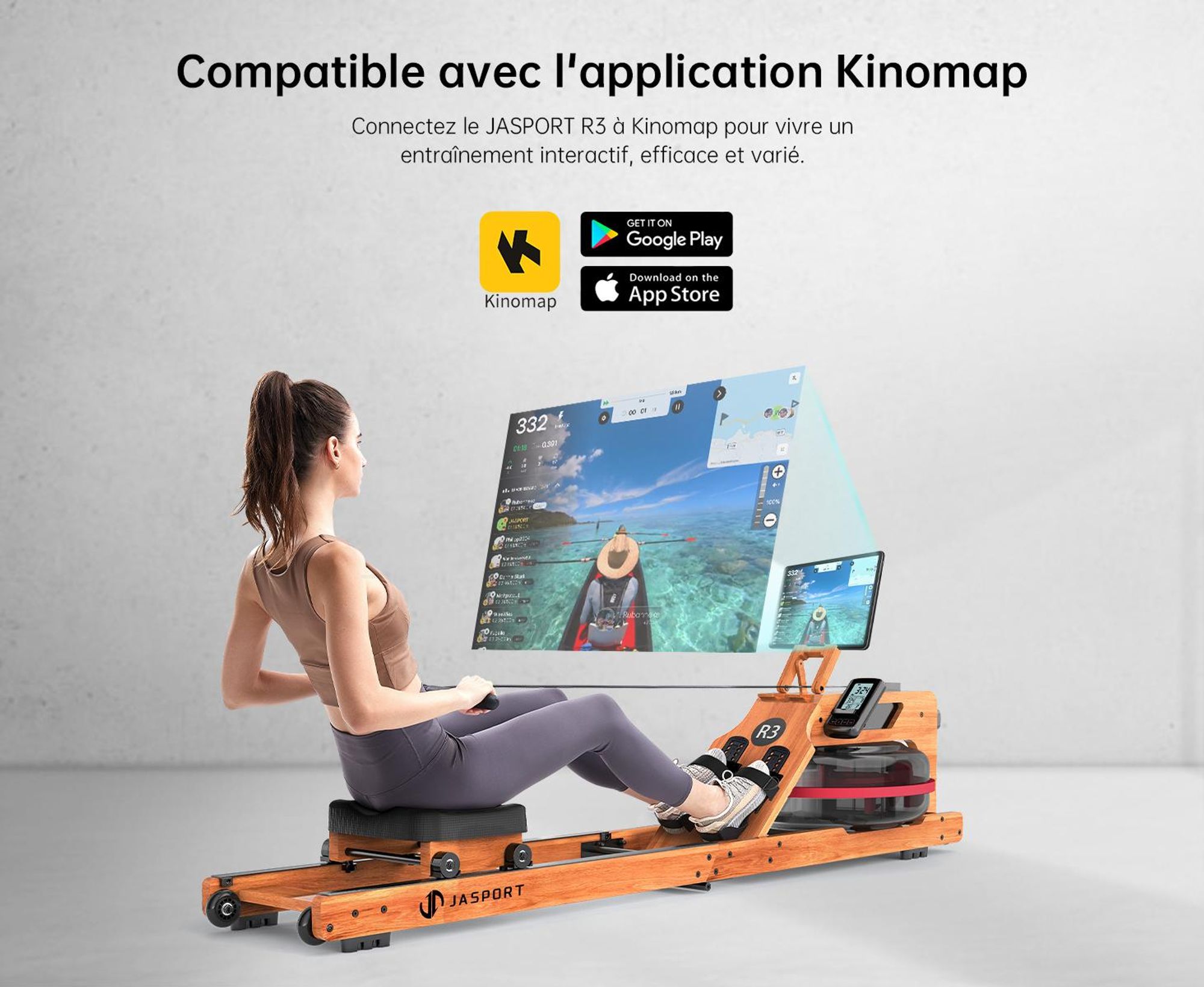 JASPORT R3 rameur à eau pliable en chêne , Bluetooth, écran LCD, Kinomap, réservoir de 28 l, jusqu’à 150 kg – Cherry