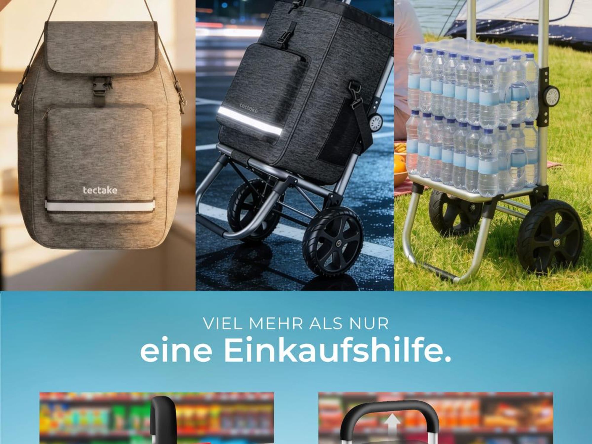 tectake Einkaufstrolley 3-in-1 klappbar mit Kühltasche 56L 30kg Aluminium Shopper Trolley Umhängetasche Sackkarre höhenverstellbar