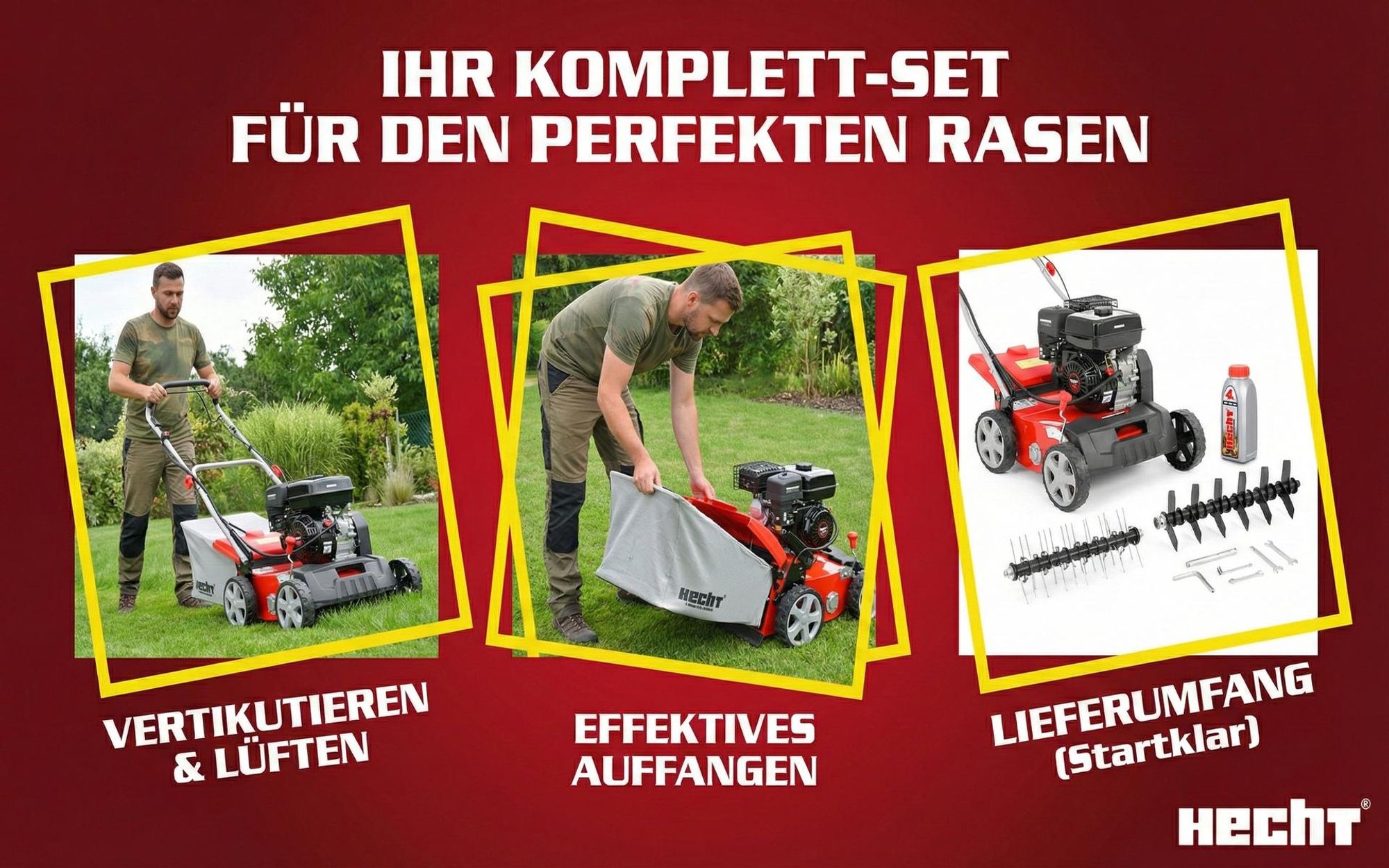 HECHT 5645 Vertikutierer Benzin | 2in1 Rasenlüfter | 40 cm Arbeitsbreite | 5,8 PS | Zentrale Höhenverstellung | 15 Messer | 26 Krallen