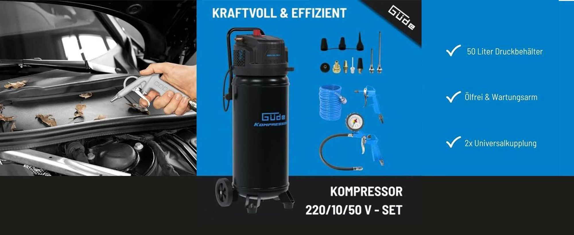 Güde Kompressor 220/10/50 V Set mit 50 Liter Druckbehälter, ölfreiem Motor, Spiralschlauch, Reifenfüllpistole, Ausblaspistole und verschiedenen Düsen – ideal zum Reifen aufpumpen und Reinigen.