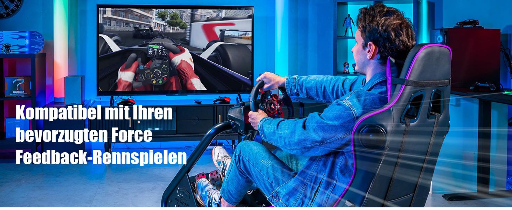 GTPLAYER Simulator Cockpit, SIM racing Cockpit, rennsimulator lenkradständer Gamingstuhl racing wheel stand mit Bluetooth-Lautsprecher und Pedalablage