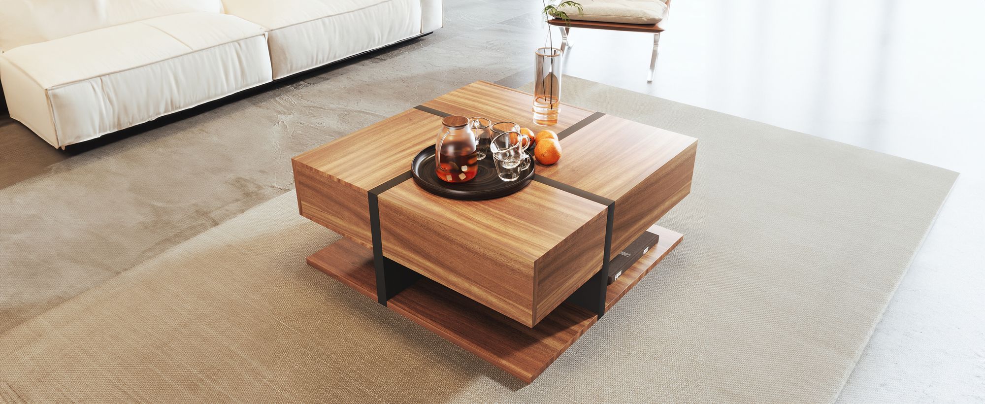 MODFU Couchtische Beistelltisch Quadrat Kaffeetisch Sofatisch mit 4 Schubladen 78*78*36cm, Tisch mit Stauraum unten, Natur