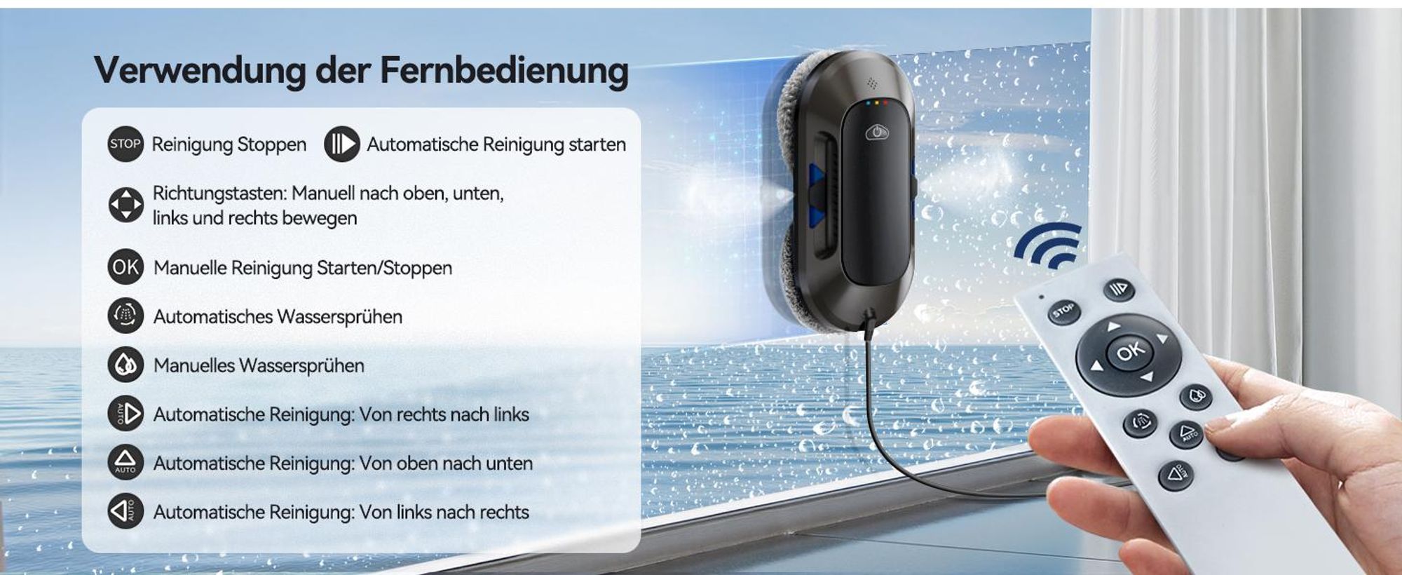 Fensterputzroboter, Fensterputzer, 6000Pa Starker Fenstersauger, 2-Wege-Sprühfunktion, USV-Stromausfallschutz, 3 Automatische Reinigungsmodi
