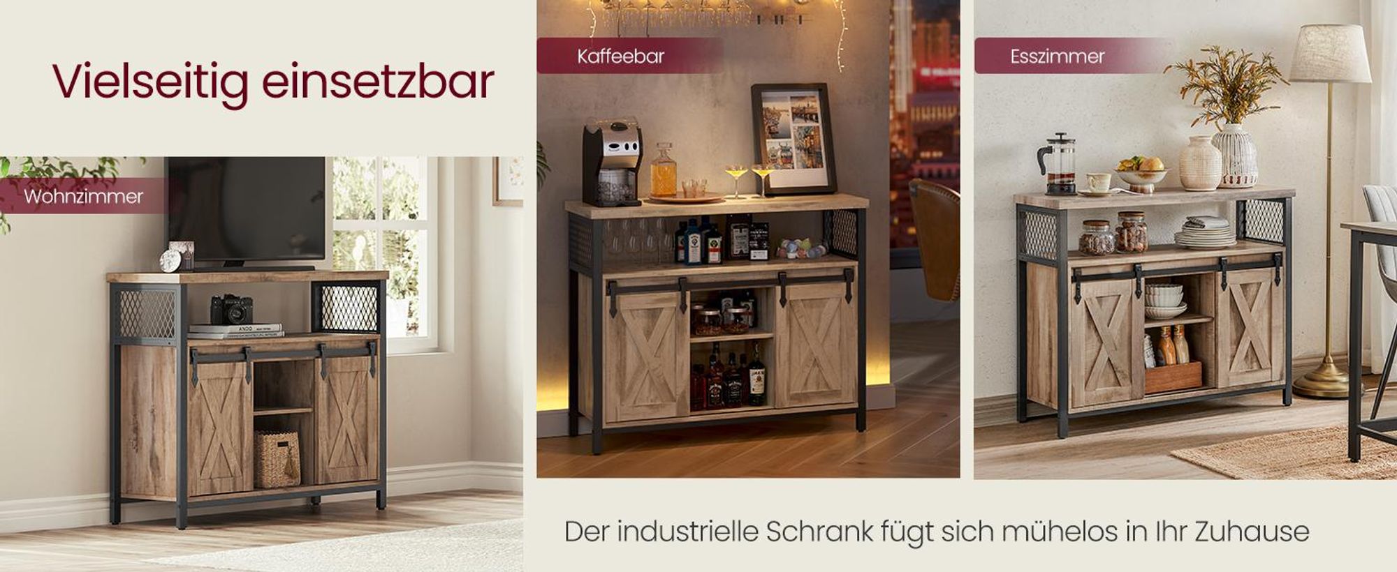 VASAGLE Sideboard Küchenschrank, mit 2 Schiebetüren, verstellbare Ablagen