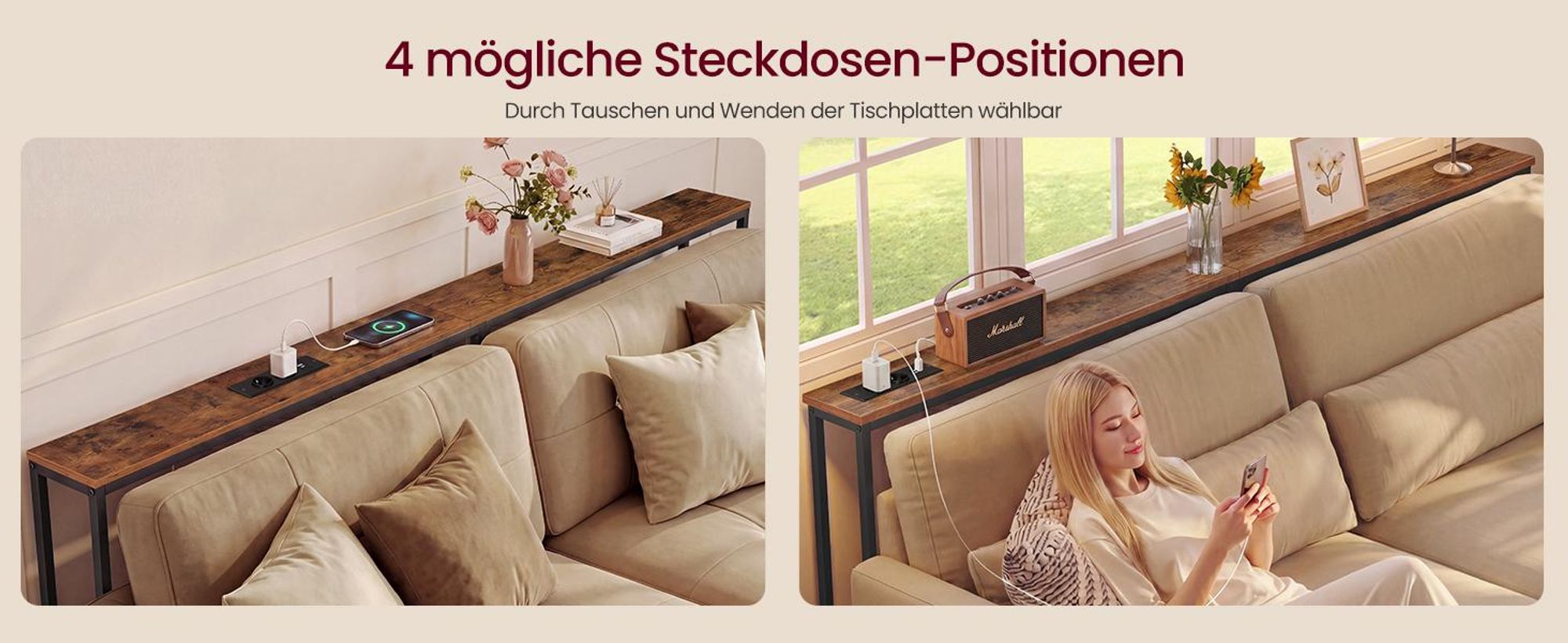VASAGLE Sofatisch, Konsolentisch, Flurtisch, schmal, 15 x 200 x 80 cm, mit Ladestation, für Flur, Wohnzimmer, braun-schwarz