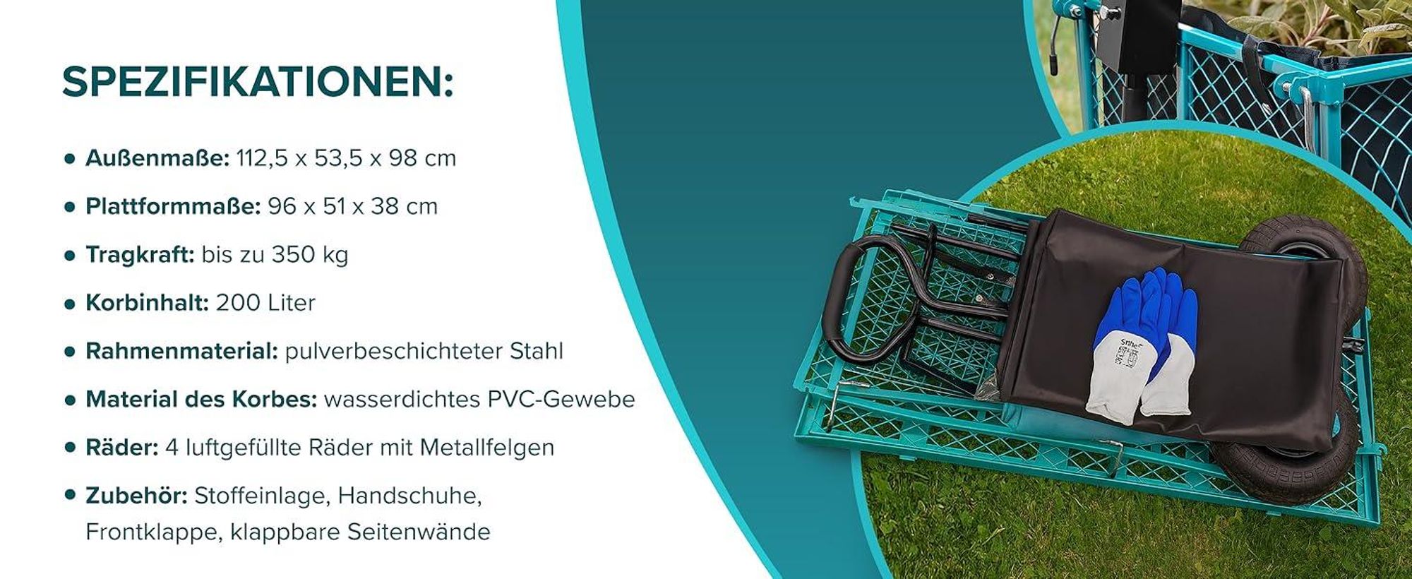 Sillar Bollerwagen klappbar 350 kg Gartenwagen faltbar mit Luftreifen 200L Transportwagen