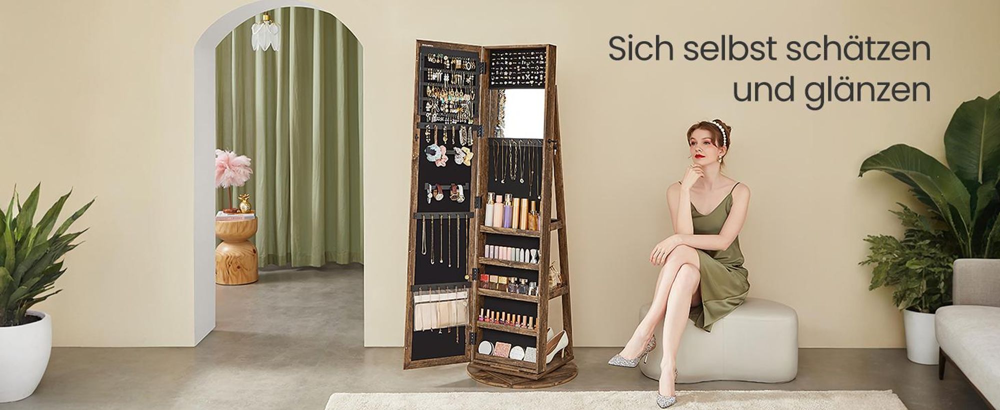 SONGMICS Schmuckschrank Spiegelschrank Schlüsseln, Geschenkidee, 3 Ablagen