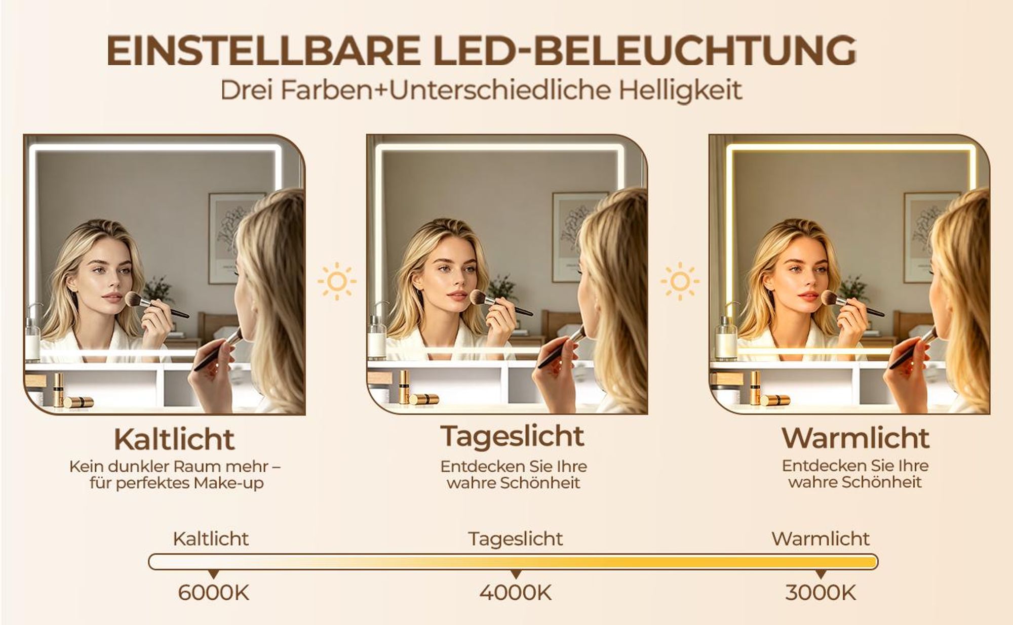 GLIESE Schminktisch mit LED Beleuchtung Spiegel, einstellbare Helligkeit, mit 5 Schubladen, mit 3 Beleuchtungmodi und gepolstertem Hocker, Weiß