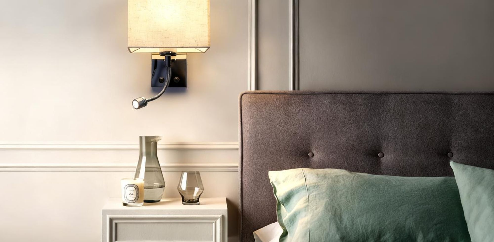 ZMH LED Wandlampe Leselampe Stoffschirm Wandleuchte mit Schalter Schwnkbar Lesearm Weiß E27 Leselicht Bettlampe für Hotel Schlafzimmer Wohnzimmer