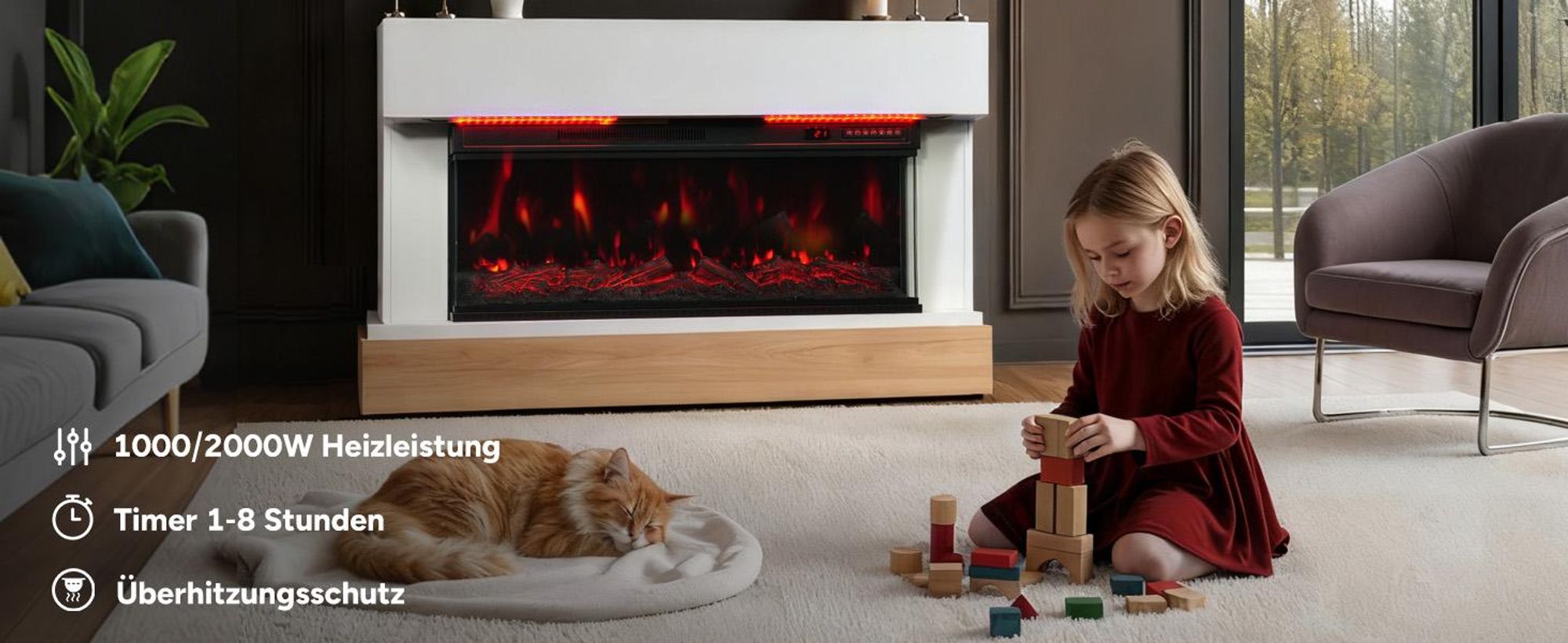HOMAVO 36-Zoll Elektrokamin mit Heizung - 1000 / 2000W - Stand / Einbaukamin - 3D Flammenfarben - LED & Timer - inklusive Schrank