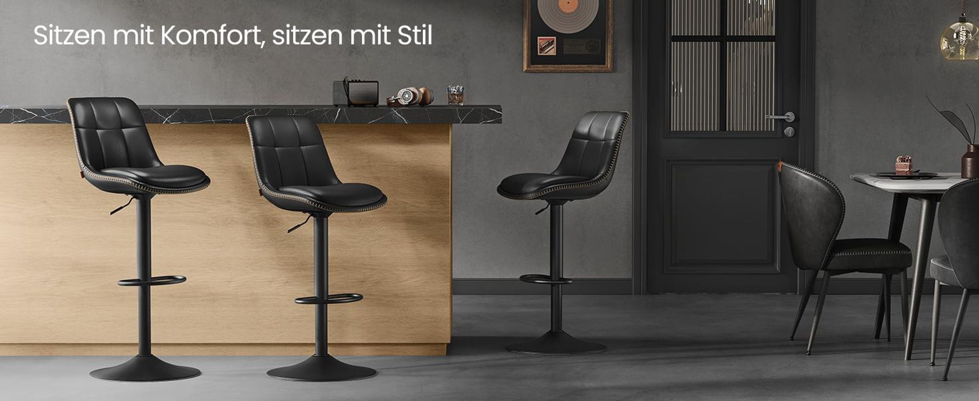 VASAGLE Barhocker 4er Set, höhenverstellbar, drehbar, mit Rückenlehne und Fußstütze, Tintenschwarz