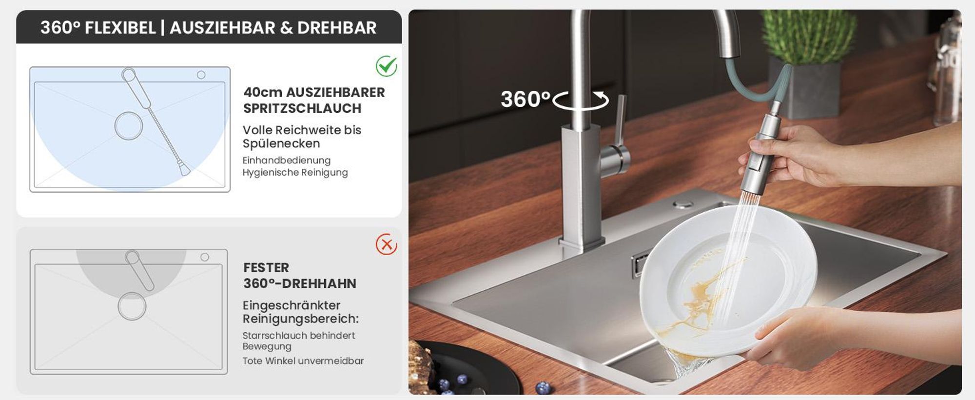 Wasserhahn Küchenarmatur, 360° Drehbar Spültischarmatur, Cecipa Ausziehbare Küchenarmatur 304 Edelstahl, Ausziehbarer Wasserhahn, Gebürstet