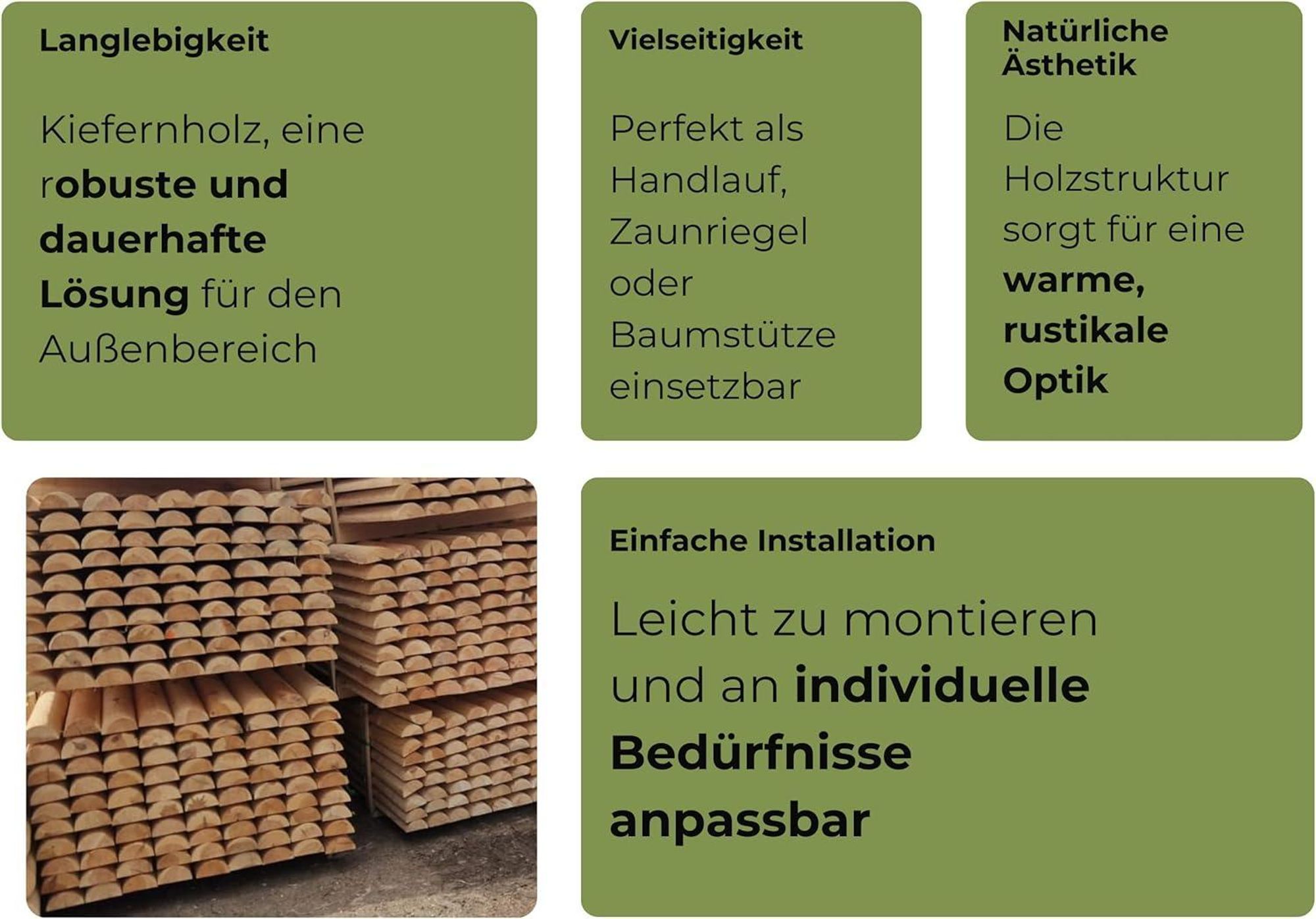 TIMBERMIK 1/2 ⌀ 7cm 8-Pack Halbrundstäbe Holz Länge: 200 cm Halbrundholz Massivholz Holzpfähle Nicht Imprägniert Baumpfahl Halfrounds