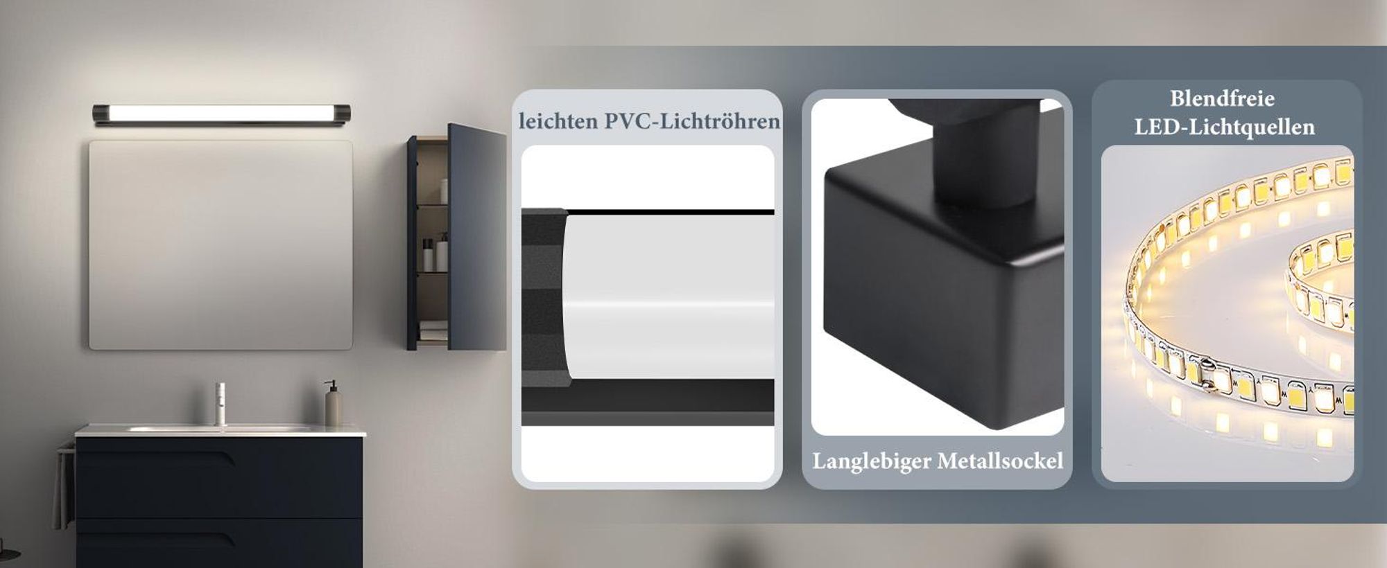 ZMH LED spiegelverlichting, badkamerspiegellamp, 50 cm, 10W, badkamerlamp, wandmontage, zwart, wandlamp voor badkamer, neutraal wit licht (4000K), moderne wandlamp voor badkamer, geschikt voor kelder