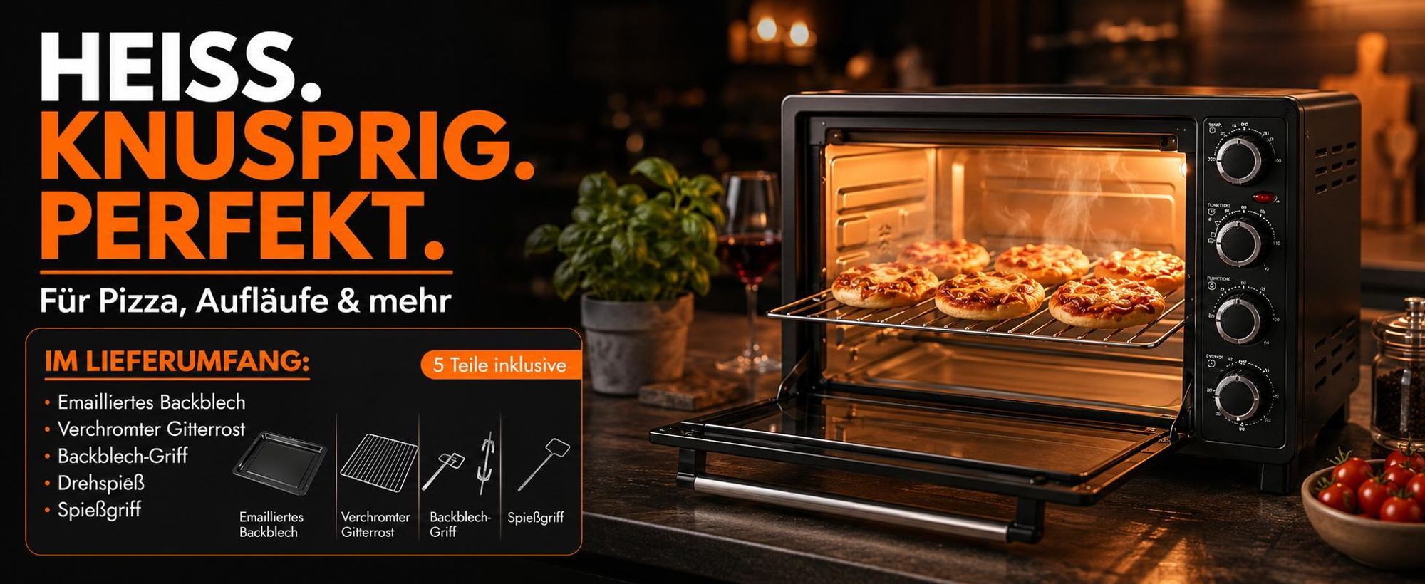 Sommertal Minibackofen 30 Liter mit Drehspieß & Umluft, 1500W, Hähnchengrill, Backen, Grillen & Pizza, Campingbackofen, 100–230°C, inkl. Zubehör
