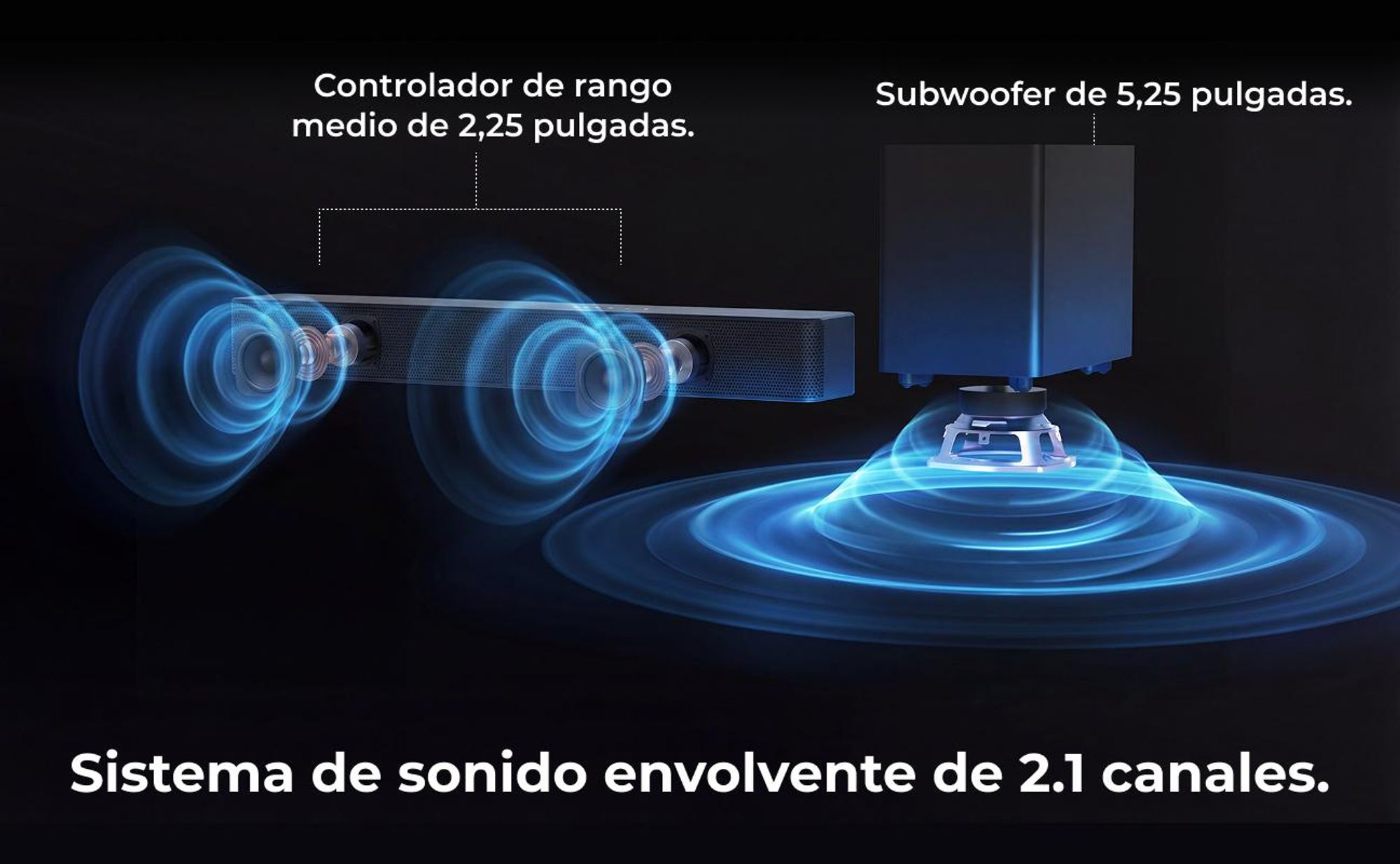 Barra de sonido ULTIMEA de 2.1 canales con subwoofer inalámbrico, 240 W de potencia máxima, tecnología VoiceMX y BassMX, control mediante aplicación, HDMI, Bluetooth® 6.0, modelo Poseidon R3T