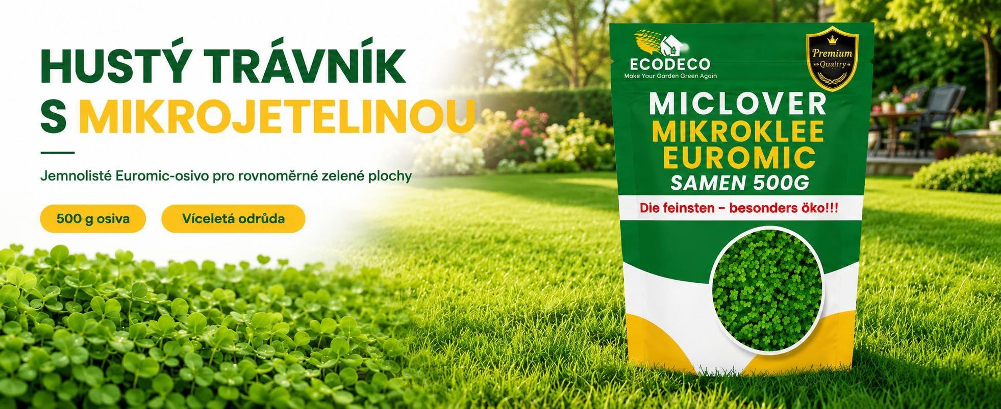 EcoDeco mikrý jetel Abbergreen, drobnolistná mikrokonvičina pro zahuštění a posílení trávníku, 500 g