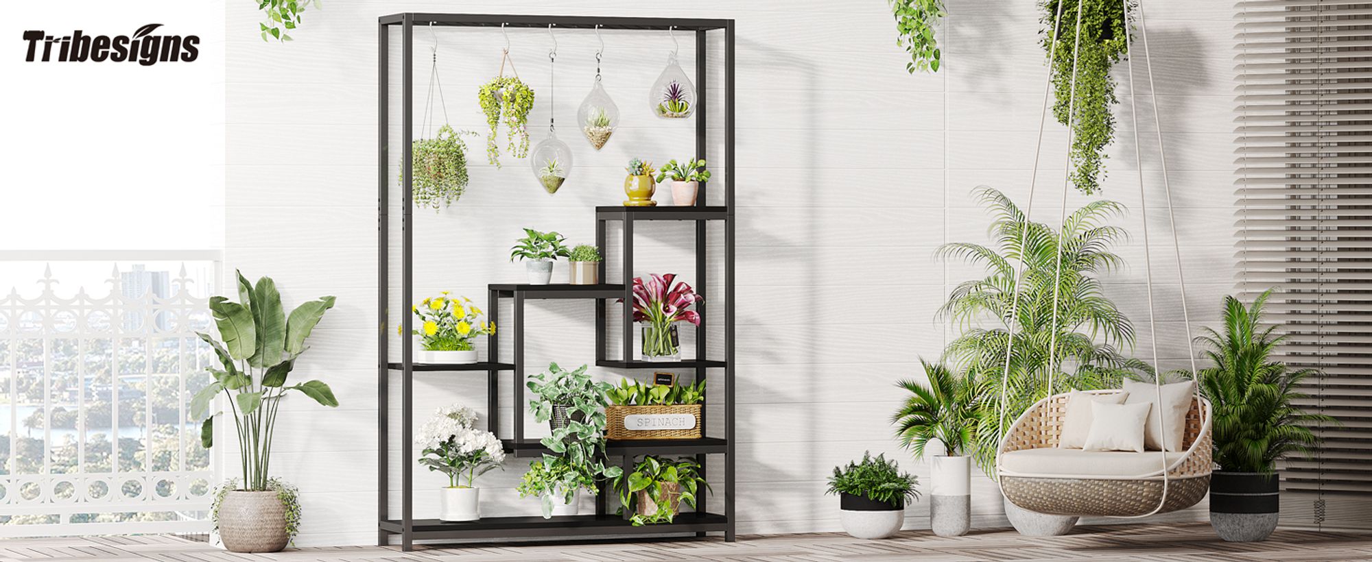 Tribesigns Blumenständer, 5 Ebenen Pflanzenregal mit 10 S-Haken, 180cm Hoch Pflanzenständer Metall Blumenregal für Indoor Balkon Boden (Schwarz)