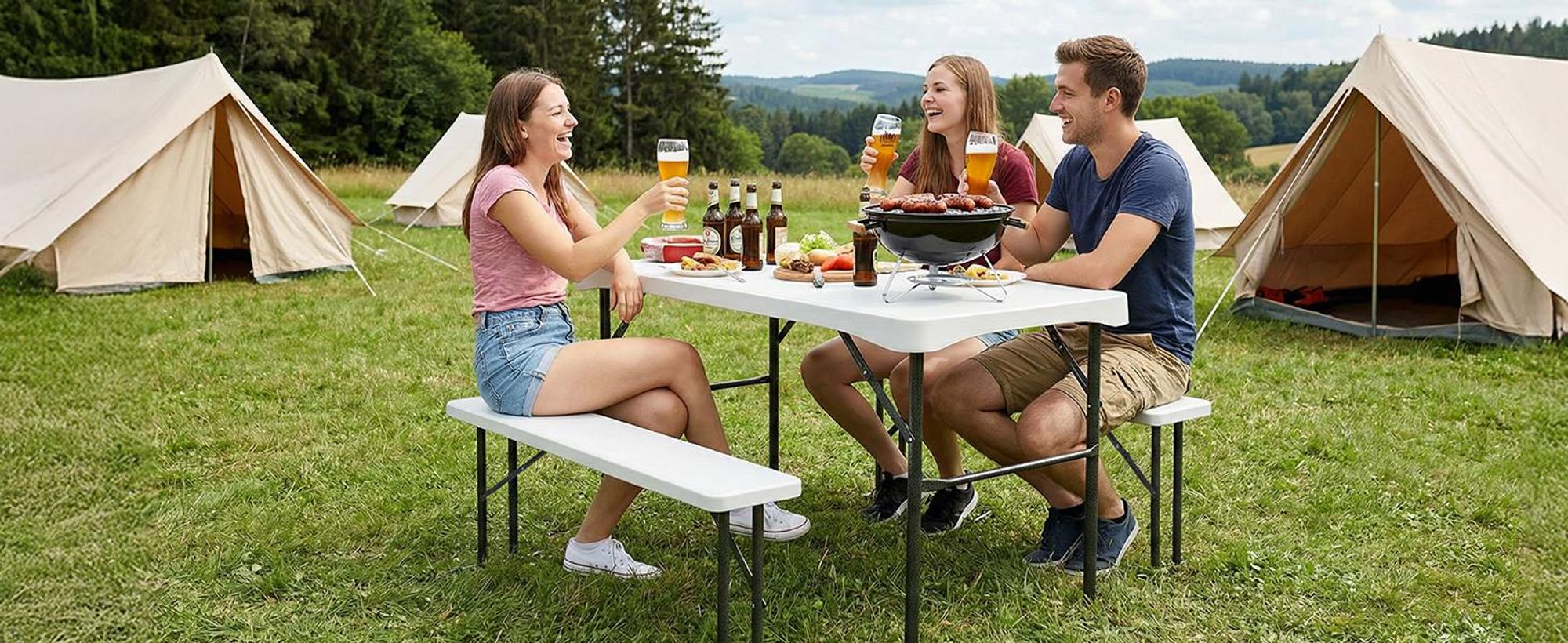 Sekey Bierzeltgarnitur Klappbar 3-teilig 110cm Tisch+2xBänke Festzeltgarnitur, Weiß