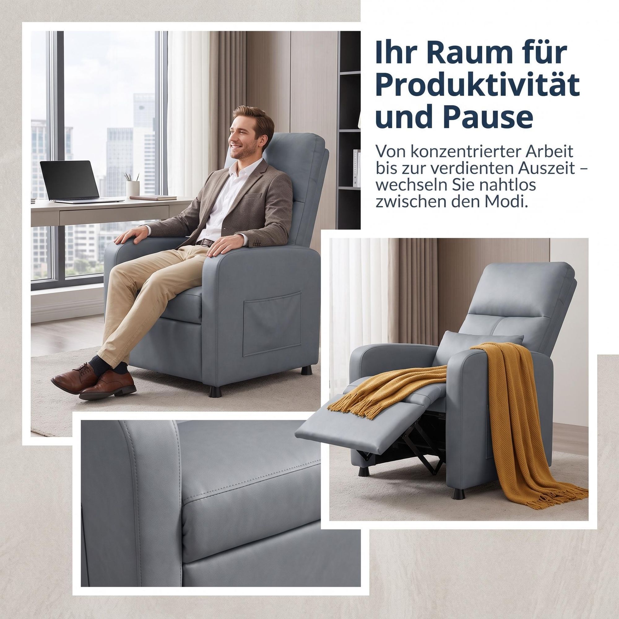 Fernsehsessel Elektrisch Grau mit liegefunktion, Elektrischer Relaxsessel mit Massage, TV Sessel Elektrisch, Liegesessel 90°–150° verstellbar, Wohnzim