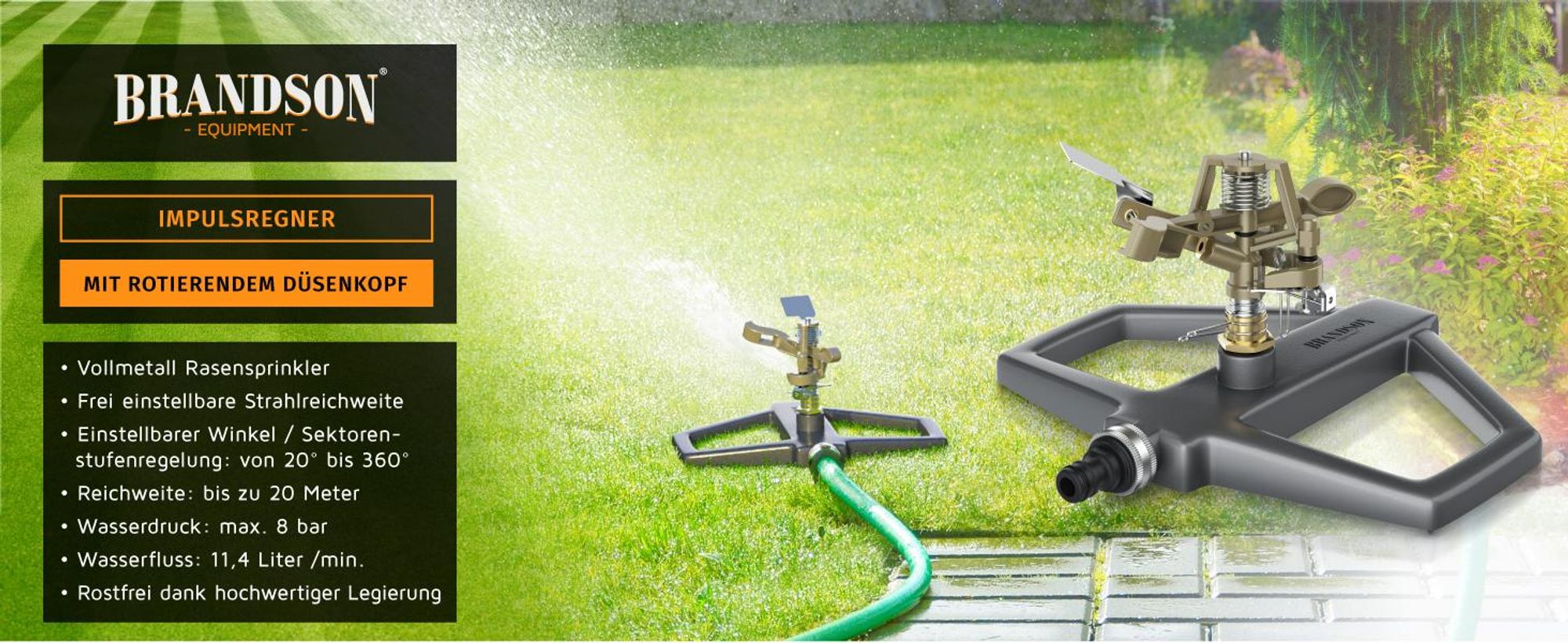 Brandson Impulsregner, Kreisregner, Vollmetall-Rasensprinkler 360°, Impulskreisregner, bis 314 m², einstellbar & robust, bis 20 m Reichweite, Metall, Zink, Gardena-kompatibel