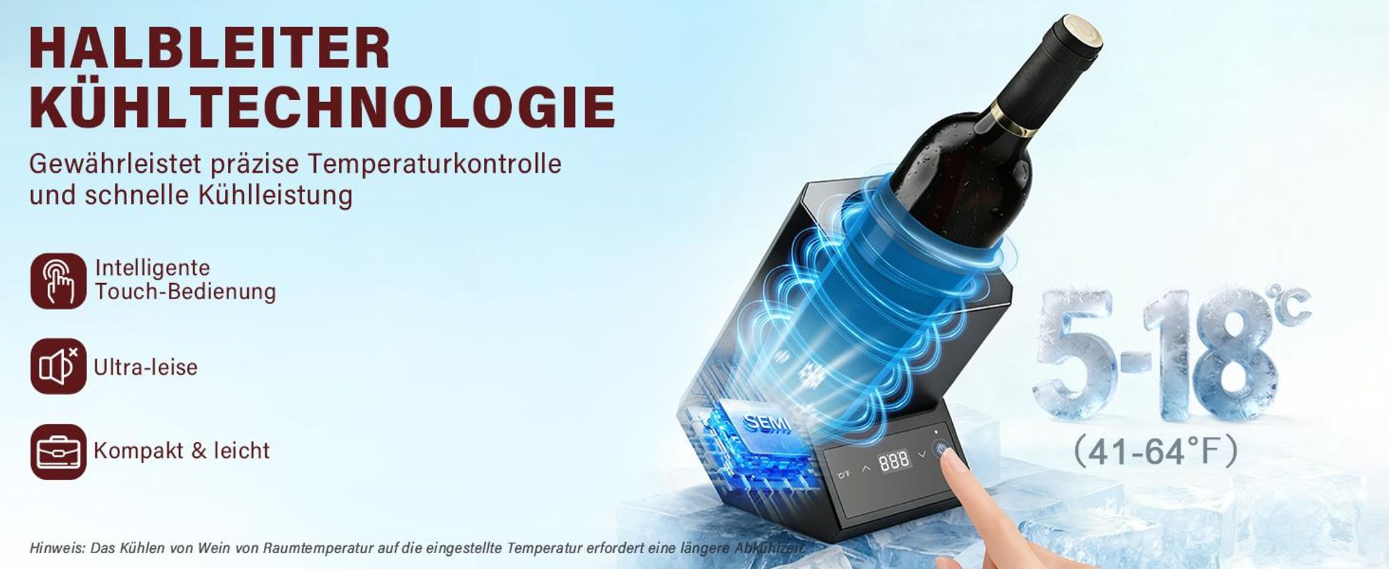 5-18°C Einstellbar Weinkühler Elektrisch, Touch Bedienung & 24H Dauerbetrieb Cooler Flaschenkühler Getränkekühler für Wein Sekt Champagner ohne Eis