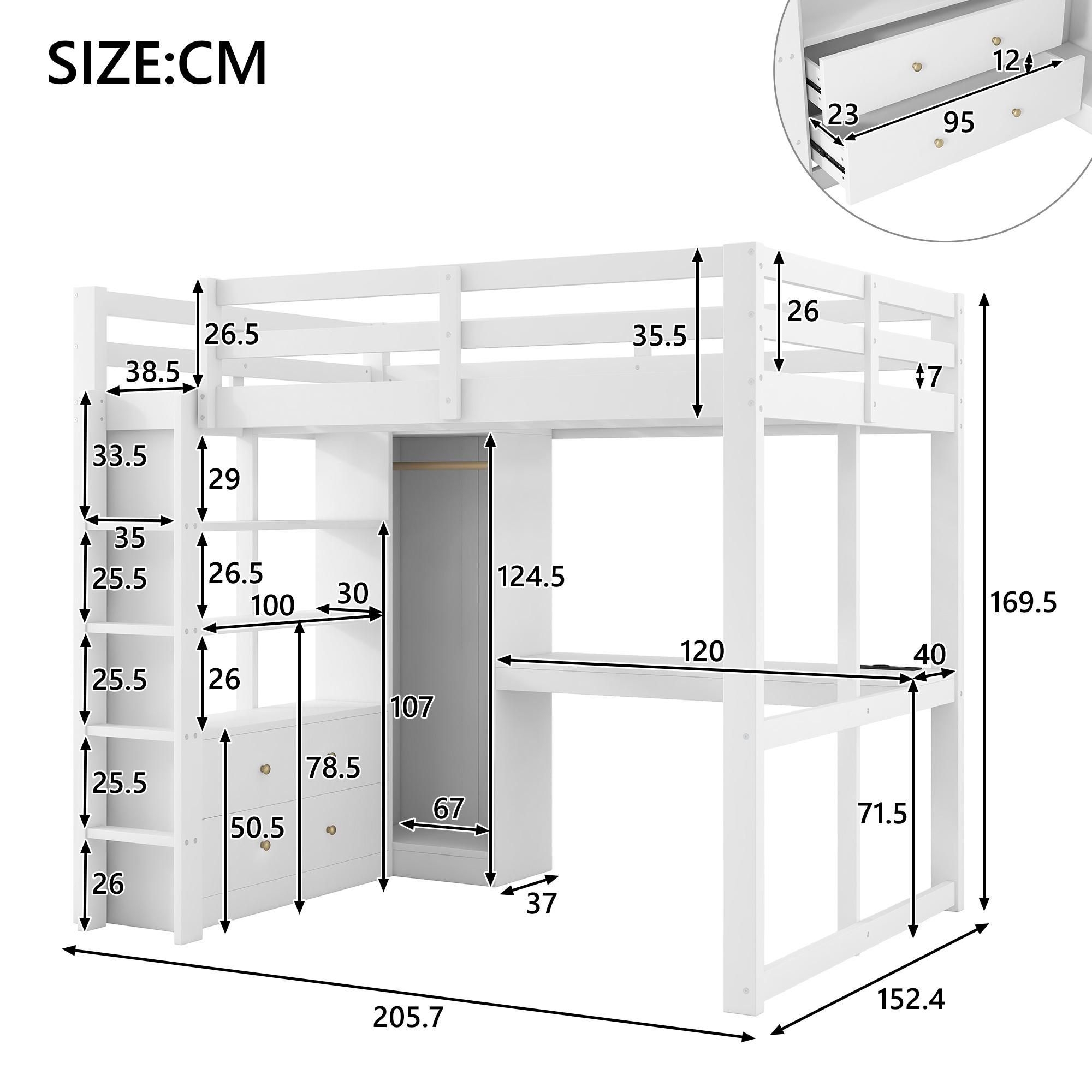 Flieks Etagenbett 140x200cm mit Kleiderschrank und Stange, Hochbett Kinderbett mit Led und Ladefunktion, Jugendbett mit Schreibtisch und Schrank, Weiß