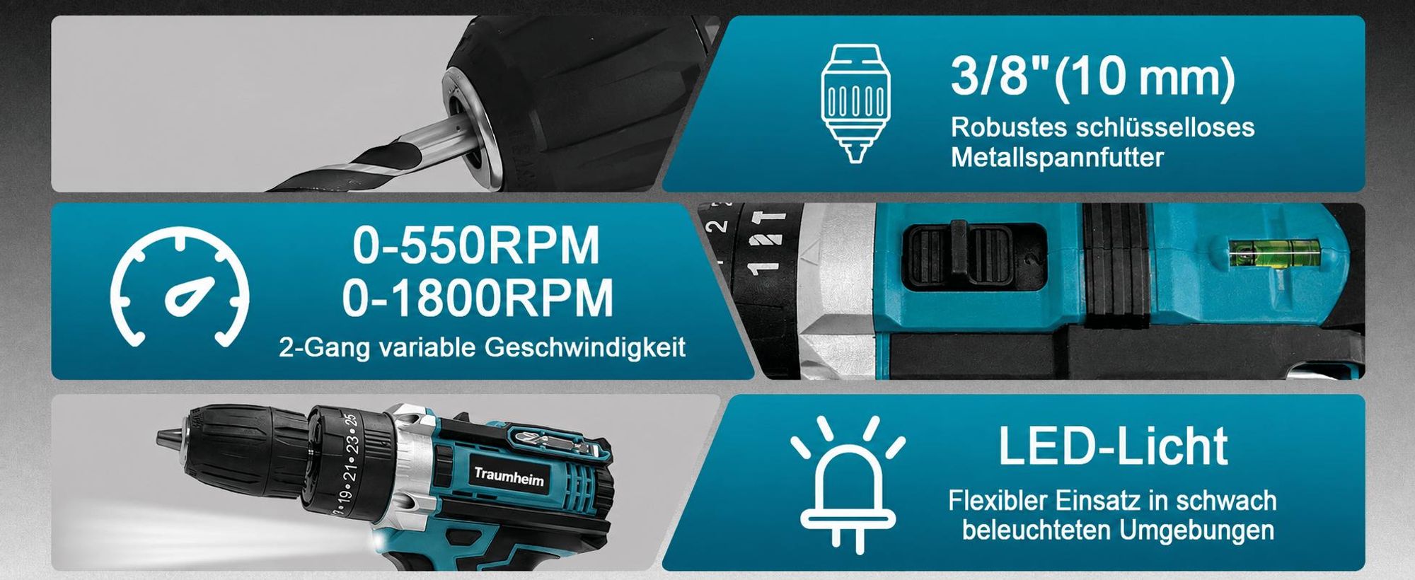 21V Akkuschrauber mit 2 Akkus 1500mAh & Ladegerät, Akku-Bohrschrauber 2-Gang, 3-in-1 Arbeitsmodus, 28 Zubehörteile für Haus, Garten & Renovierung