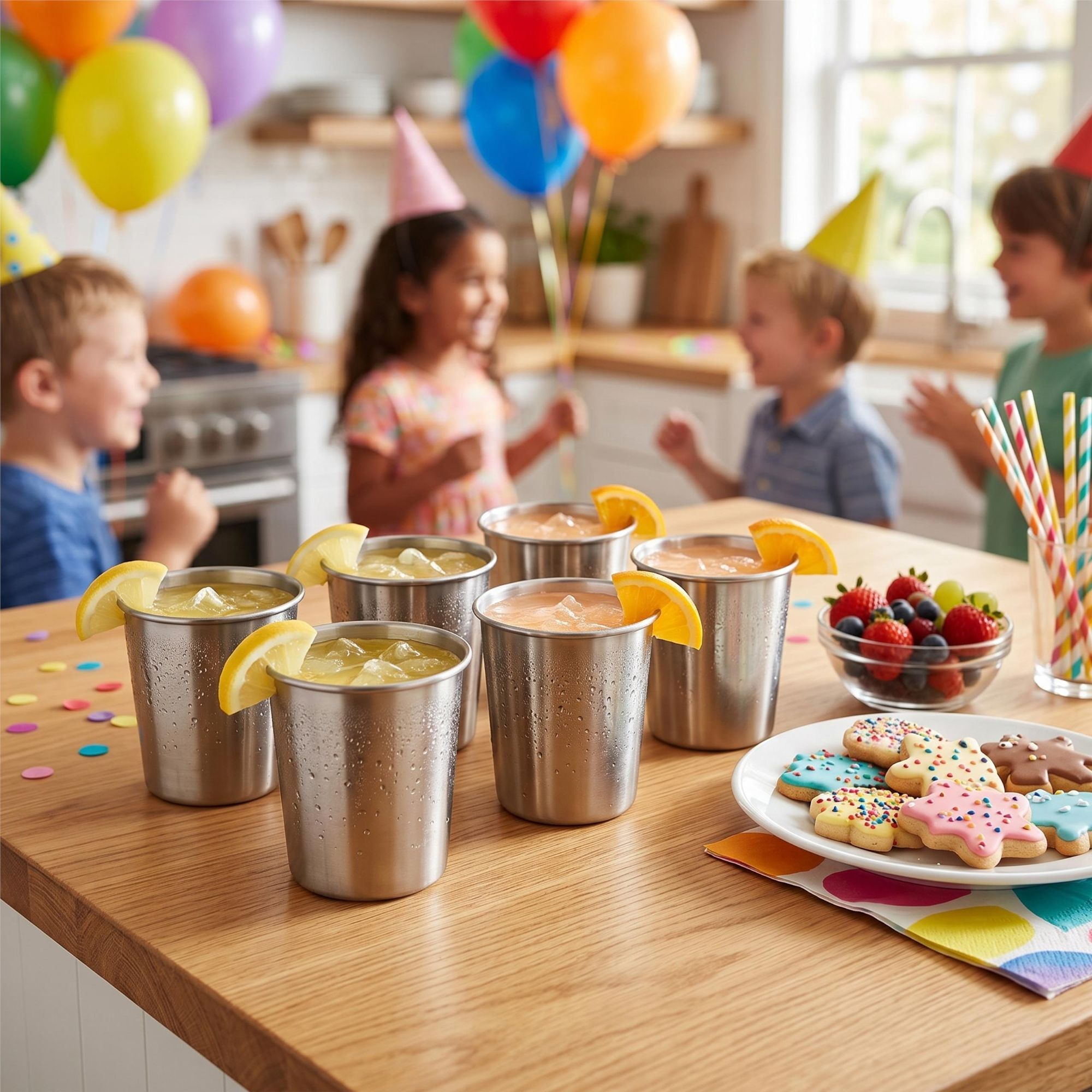 Sechs kleine Becher aus Edelstahl als platzsparendes Set