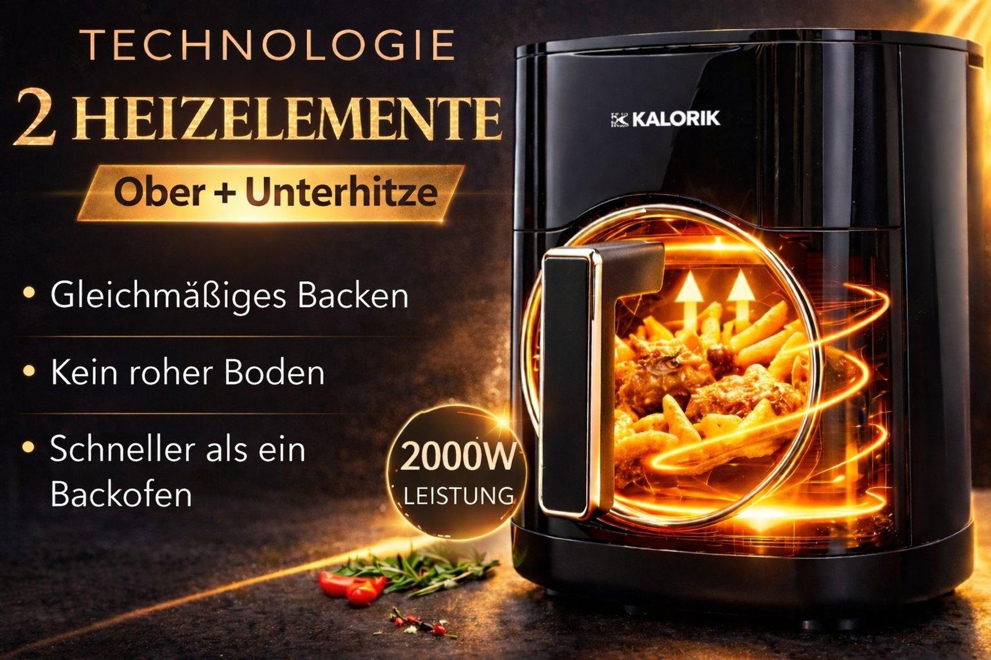 Fettfreie Fritteuse 2000W 2 Heizungen 6L Heissluftfritteuse Trocknungsfunktion Kalorik Sichtfenster Air Fryer