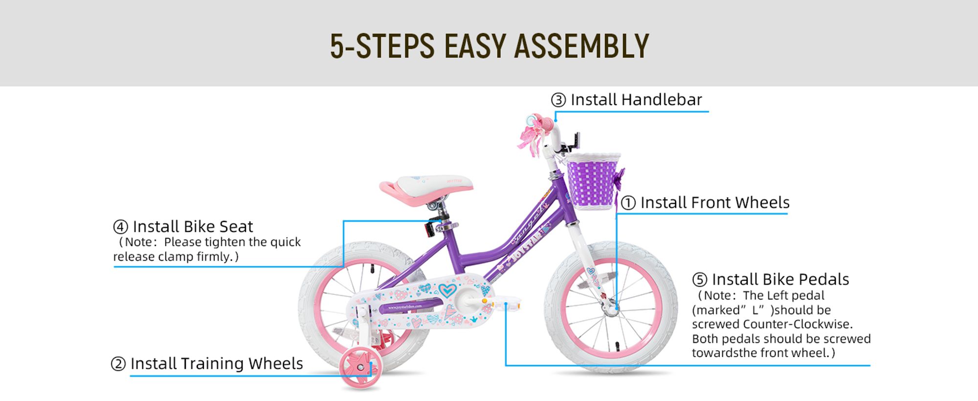 HILAND 14 Zoll Mädchen Kinderfahrrad mit Korb & Bändern, Vorderen Zangenbremse & Rückwärtige Pedalbremse, Stützräder, Hell-Pink