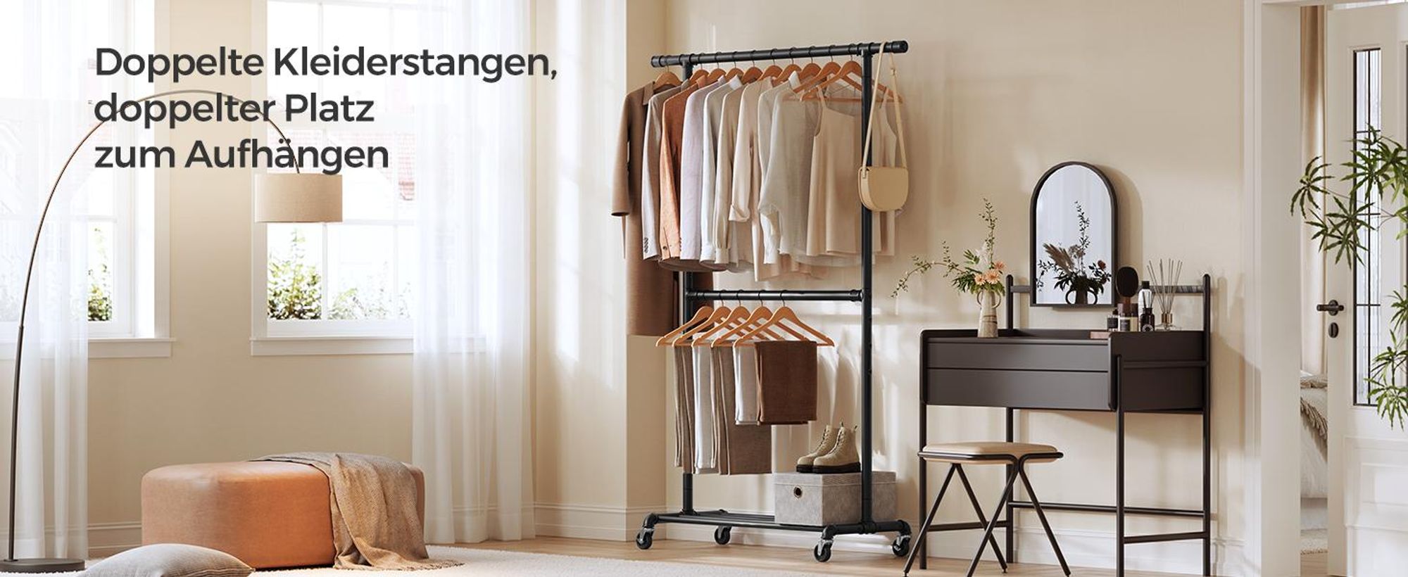 SONGMICS Kleiderständer im Industriedesign, mit Rollen, 2 Kleiderstangen