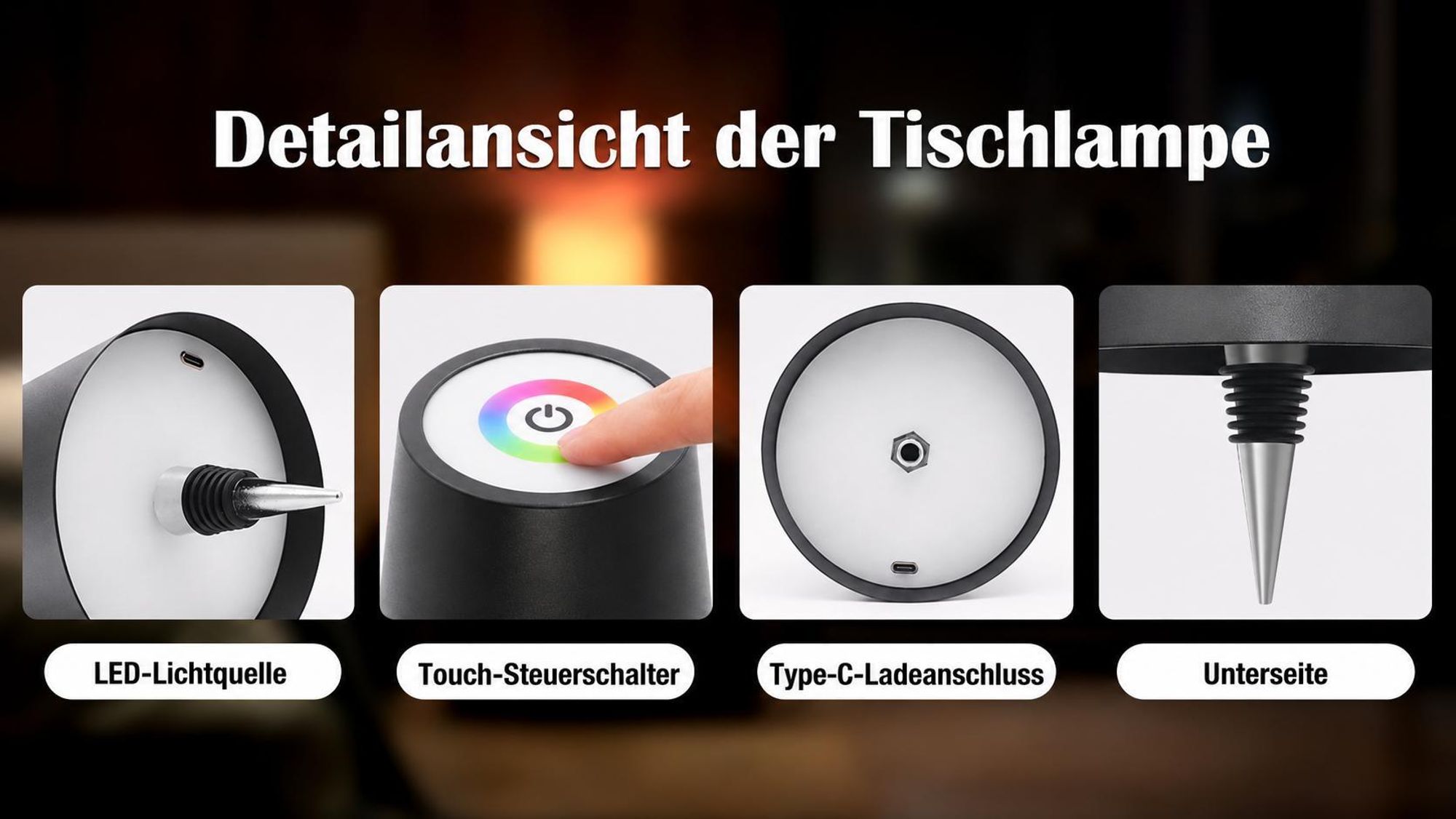 Tragbare kabellose Weinflaschenlampe, RGB-Modus einstellbar, LED-Schreibtischlampe, kabellose dimmbare LED-Tischleuchte, USB wiederaufladbar, schwarz