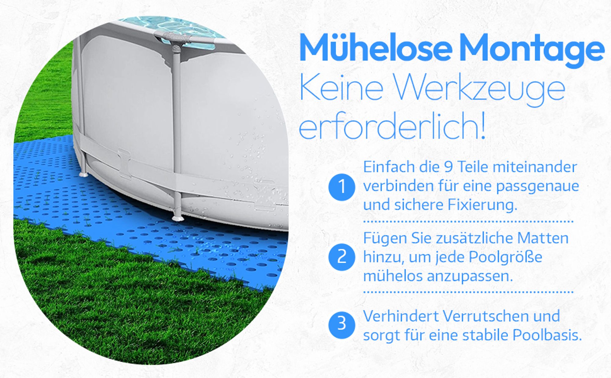 Meisterhome ® Pool Unterlegmatte Poolmatte Matte 9 Stück - 1 cm Dicke - 2.25 m² - Bodenschutzmatte für Pool - Planschbecken - Bodenfolie Bodenmatte Poolunterlage Bodenschutz Fitnessmatte blau