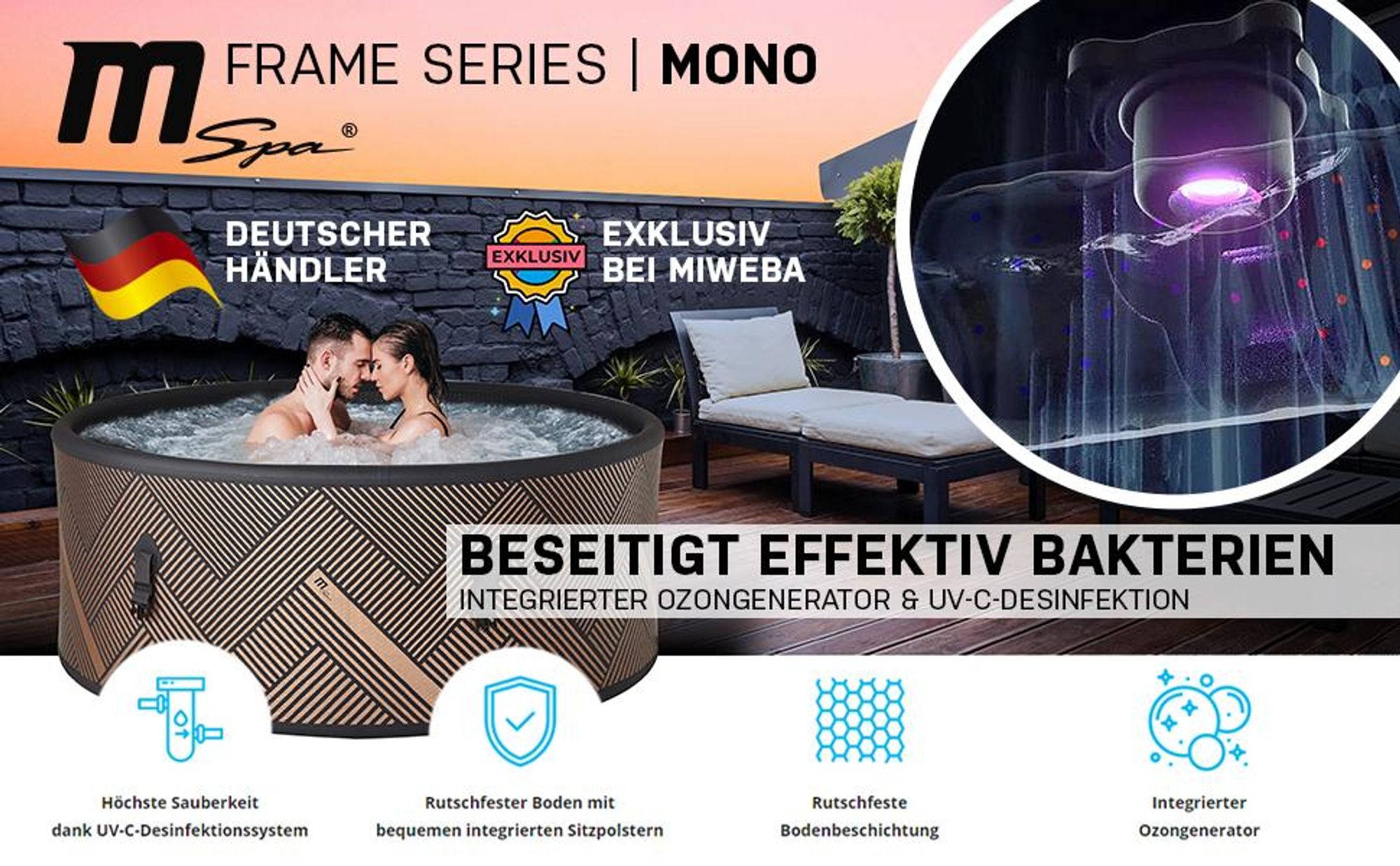 Miweba MSpa Whirlpool Frame Mono | Aufblasbar - Indoor & Outdoor Pool - Ozongenerator - UVC+ Filter - Anti-Frost-System - 6 Personen - App Steuerung
