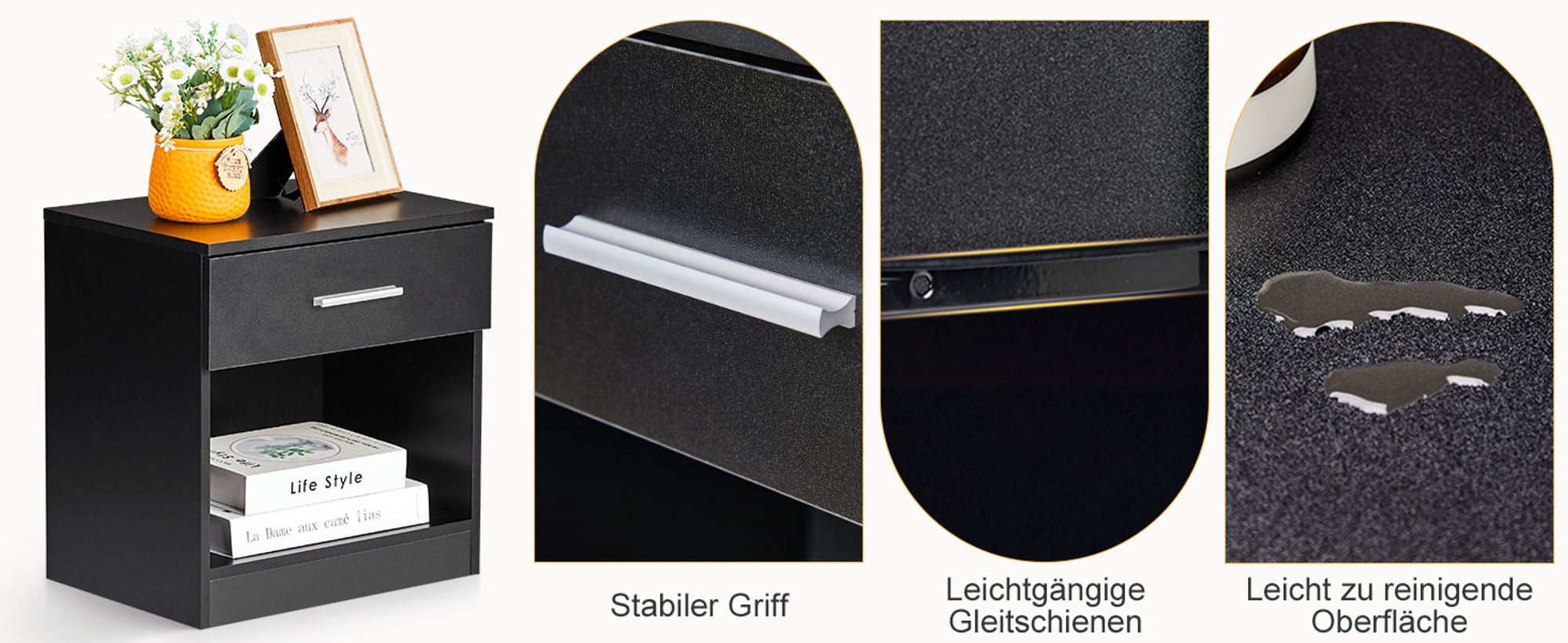 FCH Nachttisch, mit Schubladen Beistelltisch Nachtschrank, 39 x 28 x 41 cm，WSchwarz, 1PC