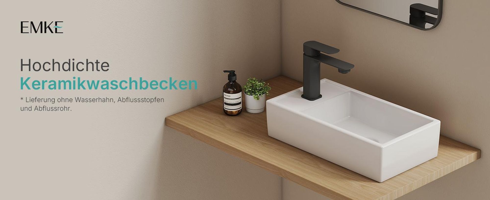 EMKE Aufsatzwaschbecken Keramik Rechteckig 410x220mm Weiß Glänzend mit Armaturloch, Modernes Design für Badezimmer & Gäste-WC
