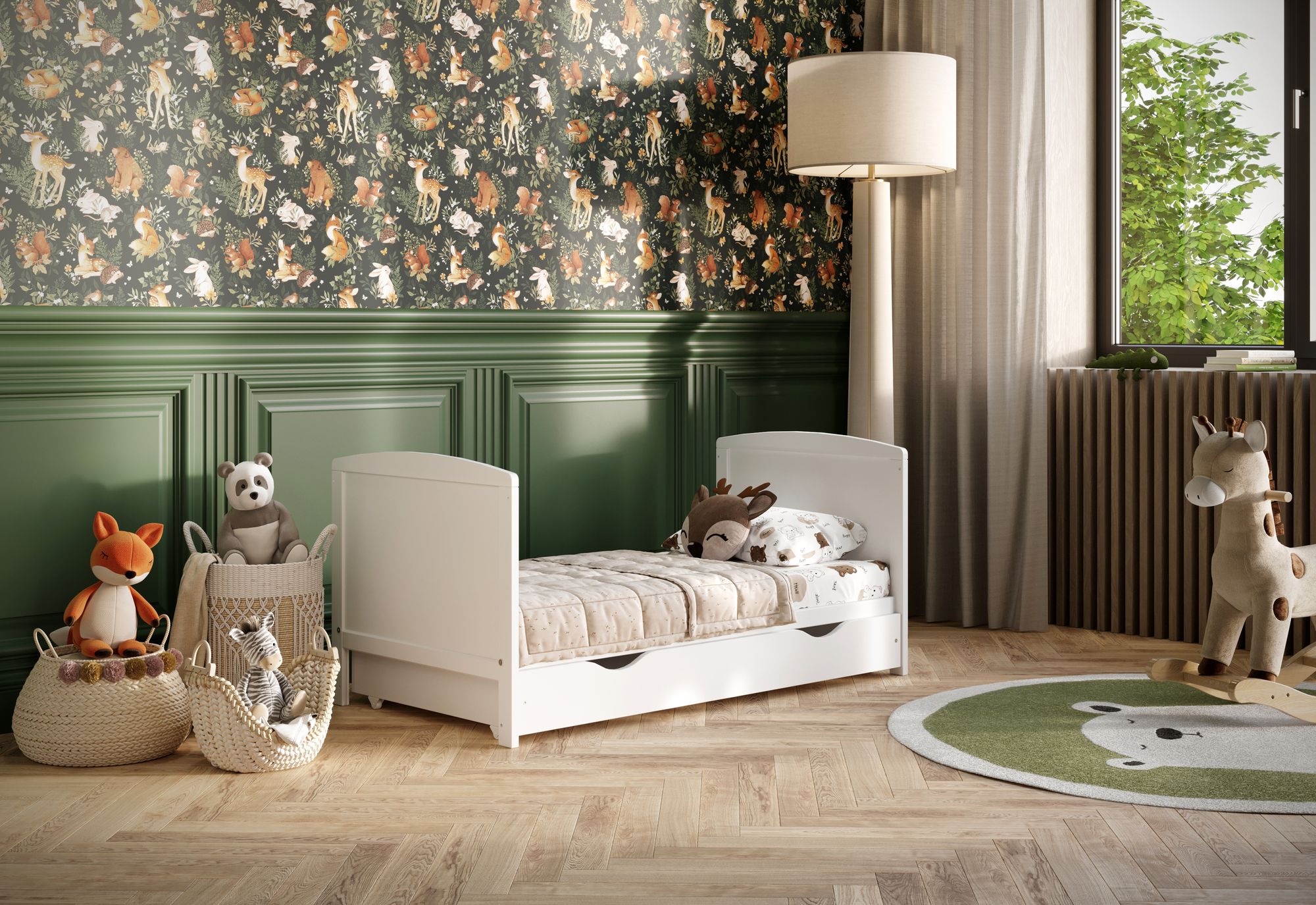 Babybett Leo 60×120 cm mit Schublade, Sofafunktion, verstellbarem Lattenrost und herausnehmbaren Sprossen (ohne Matratze)