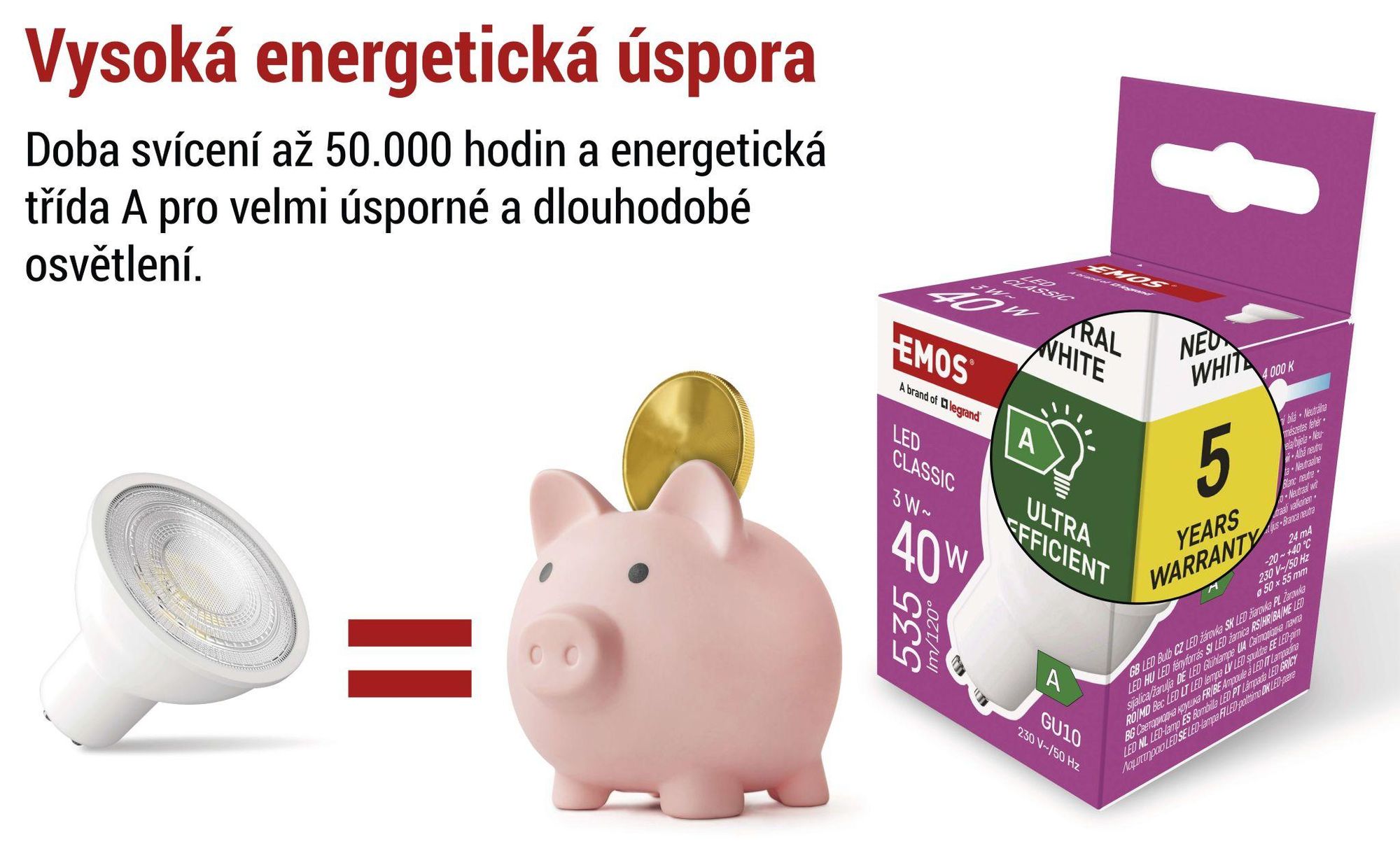 EMOS LED žárovka Classic MR16 A CLASS/ GU10 / 3 W (40 W) / 535 lm / neutrální bílá, ZQ8338