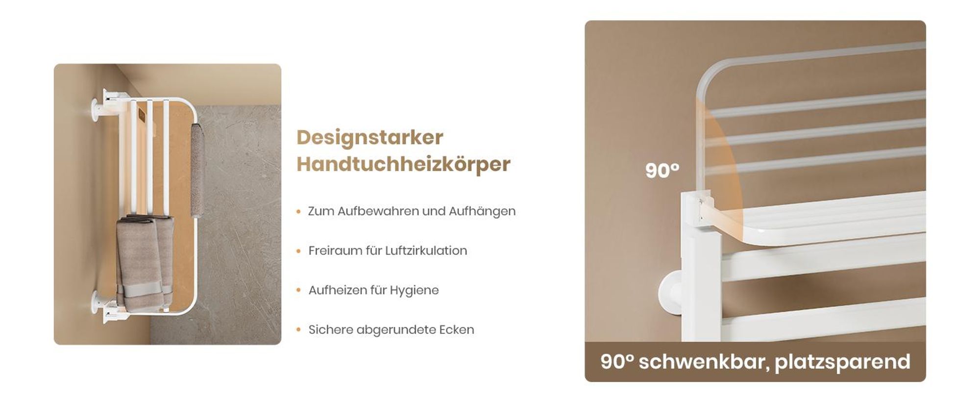 EMKE Handtuchwärmer Elektrisch WIFI Handtuchtrockner Doppelreihe Flachrohr mit Ablage & Haken 500×500 mm 140W Tuya Alexa Weiß Glänzend