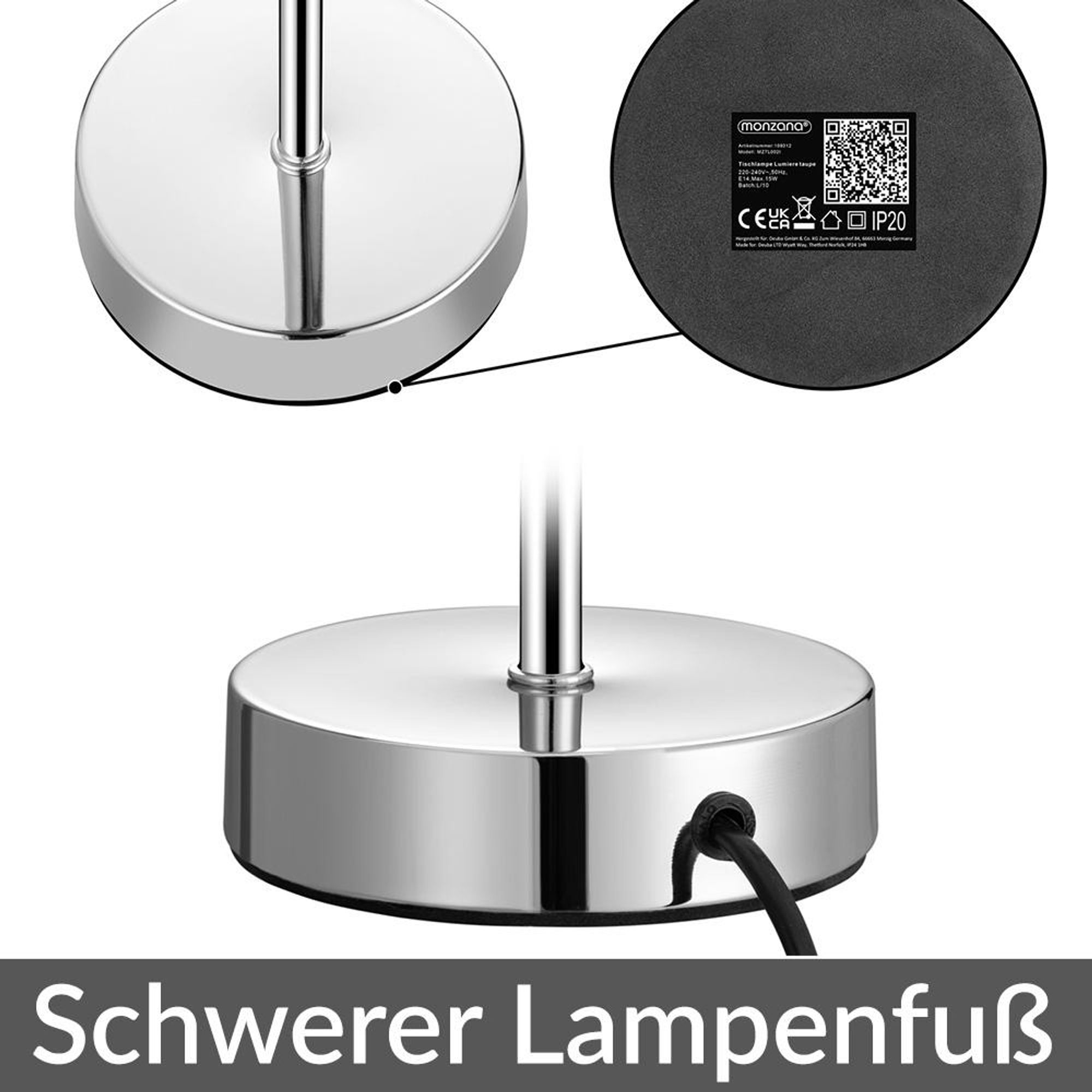 MONZANA Nachttischlampe 2er Set, Tischlampe mit Kabel, 32 cm Taupe
