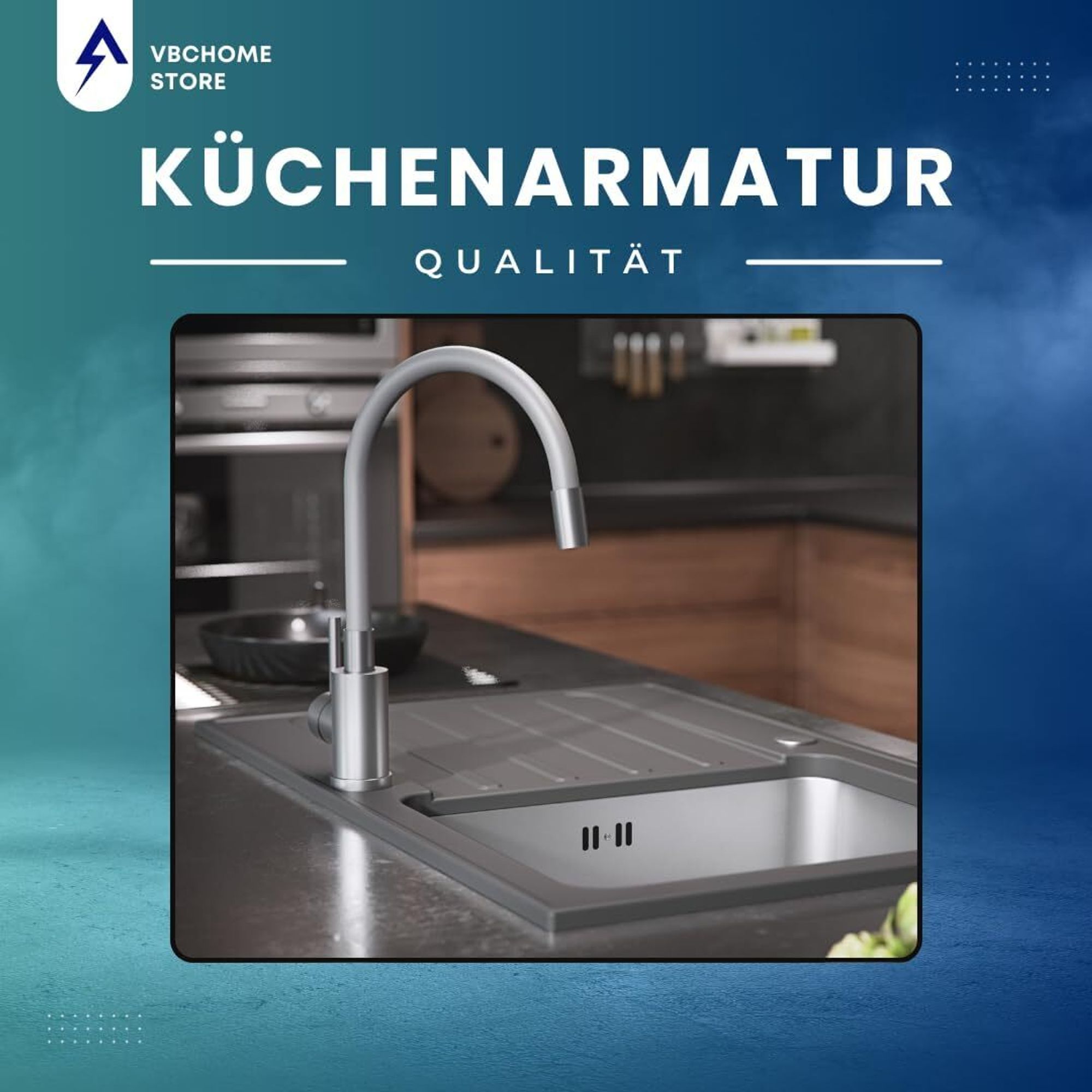VBChome Küchenarmatur mit flexibler Grau Silikonbrause – Flexibler Wasserhahn mit Einhebelmischer für Spüle – Armatur Gebürstetes Detail